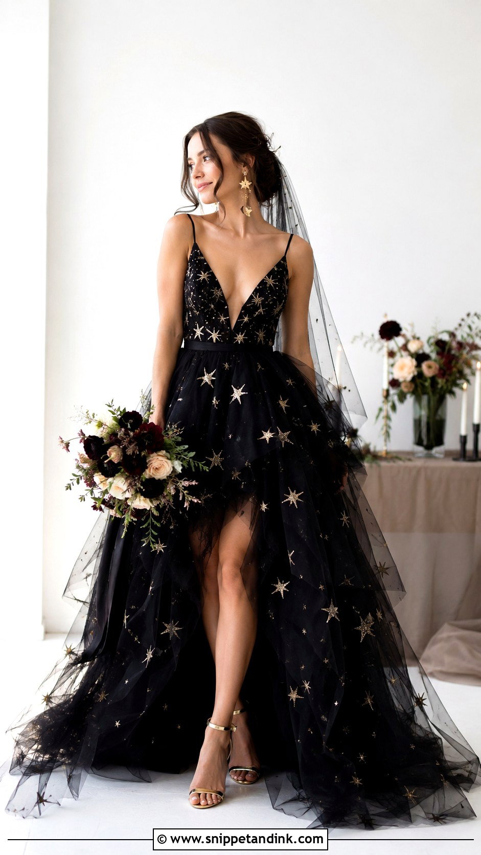 Black Tulle Wedding Dress With Gold Stars - Snippet and Ink - 25 Black and Gold Wedding Dress Ideas