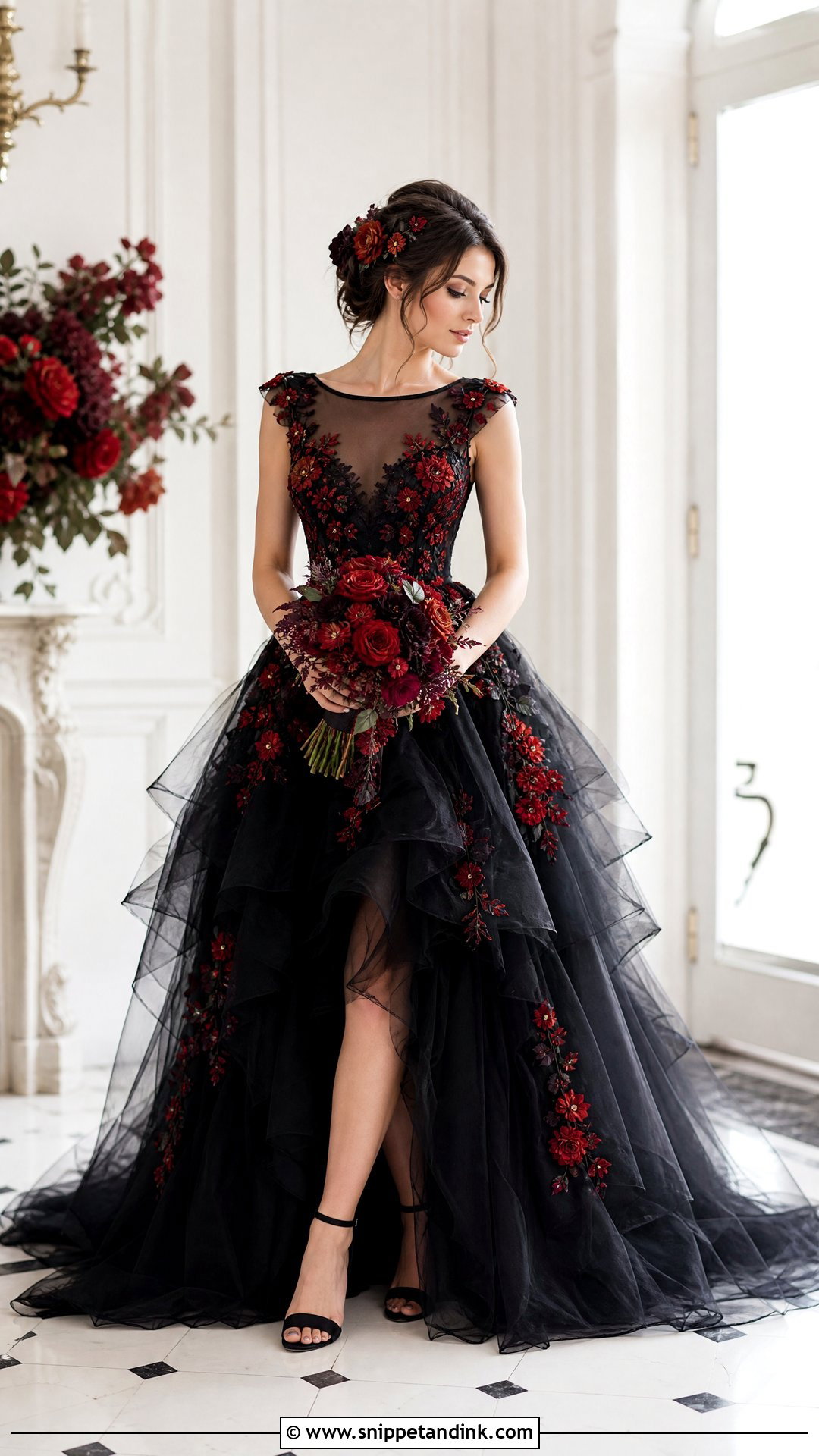 Black Tulle Wedding Dress With Red Flowers - Snippet and Ink - 25 Red and Black Wedding Dress Ideas