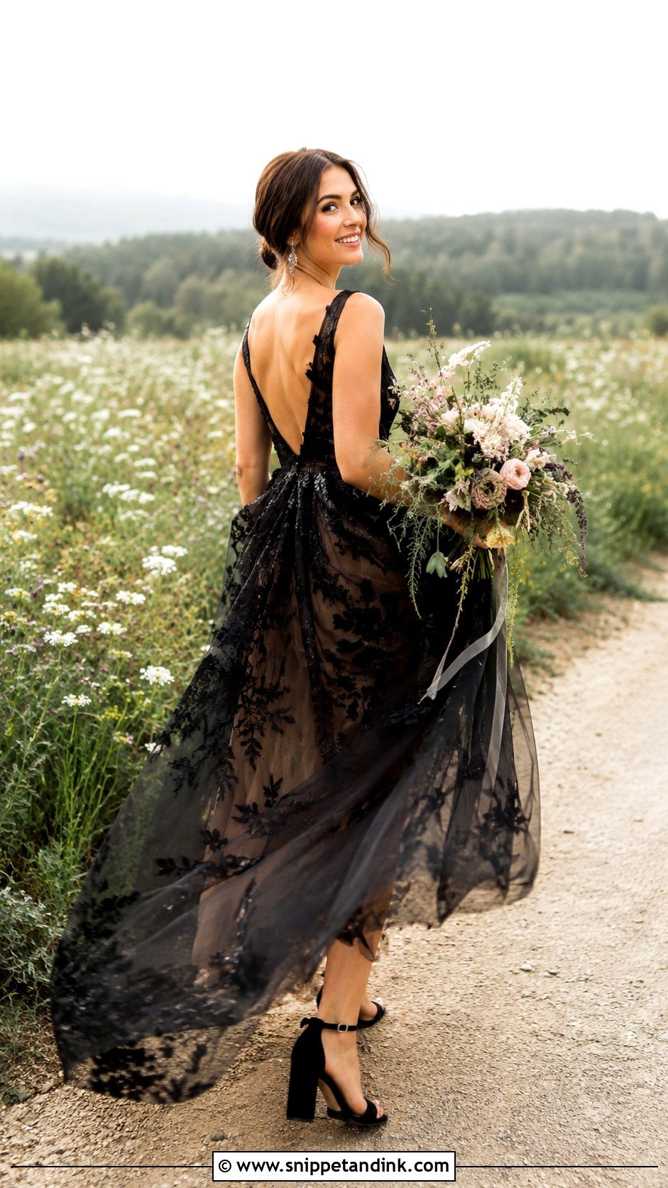 Black Tulle Wedding Dress in a Wildflower Field - Snippet and Ink - 20 Black Wedding Dress Photoshoot Ideas