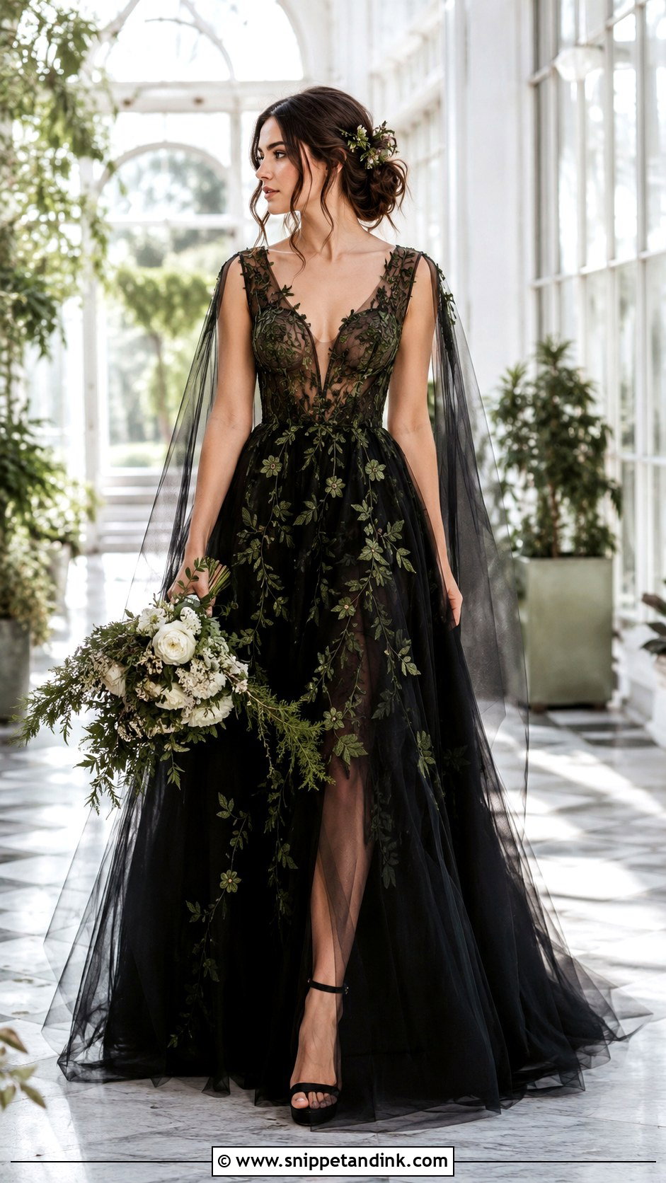 Black Tulle and Green Floral Wedding Dress - Snippet and Ink - 20 Black and Green Wedding Dress Ideas