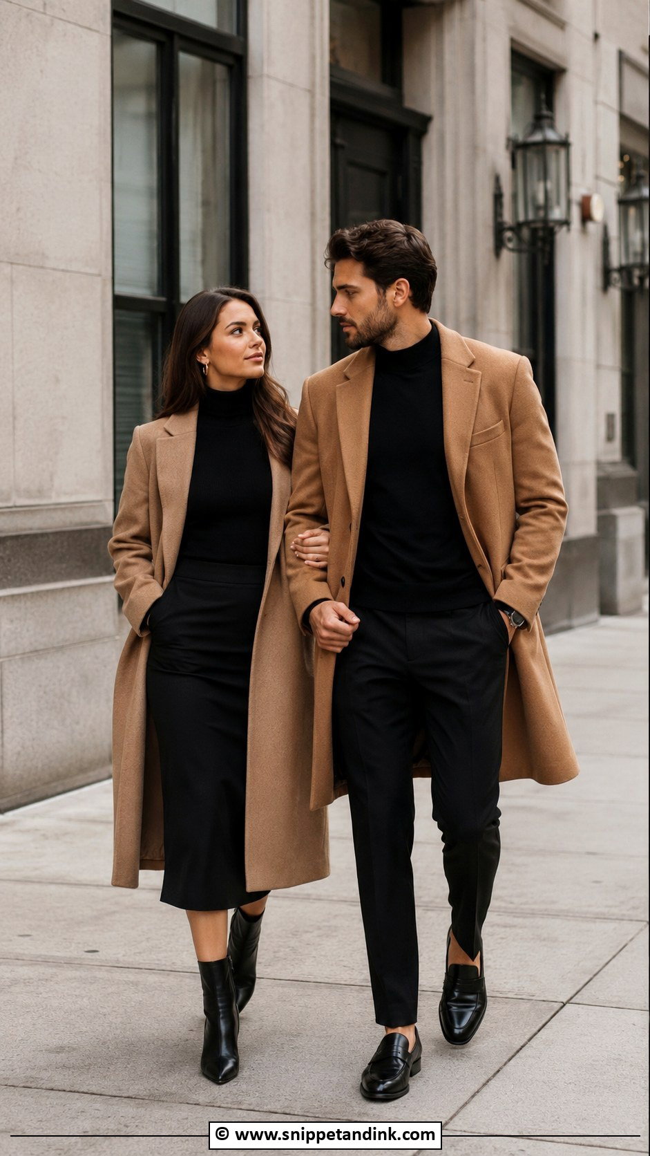 Black Turtleneck And Camel Coat Couple Photoshoot Outfit - Snippet and Ink - 30 Couple Photoshoot Outfits