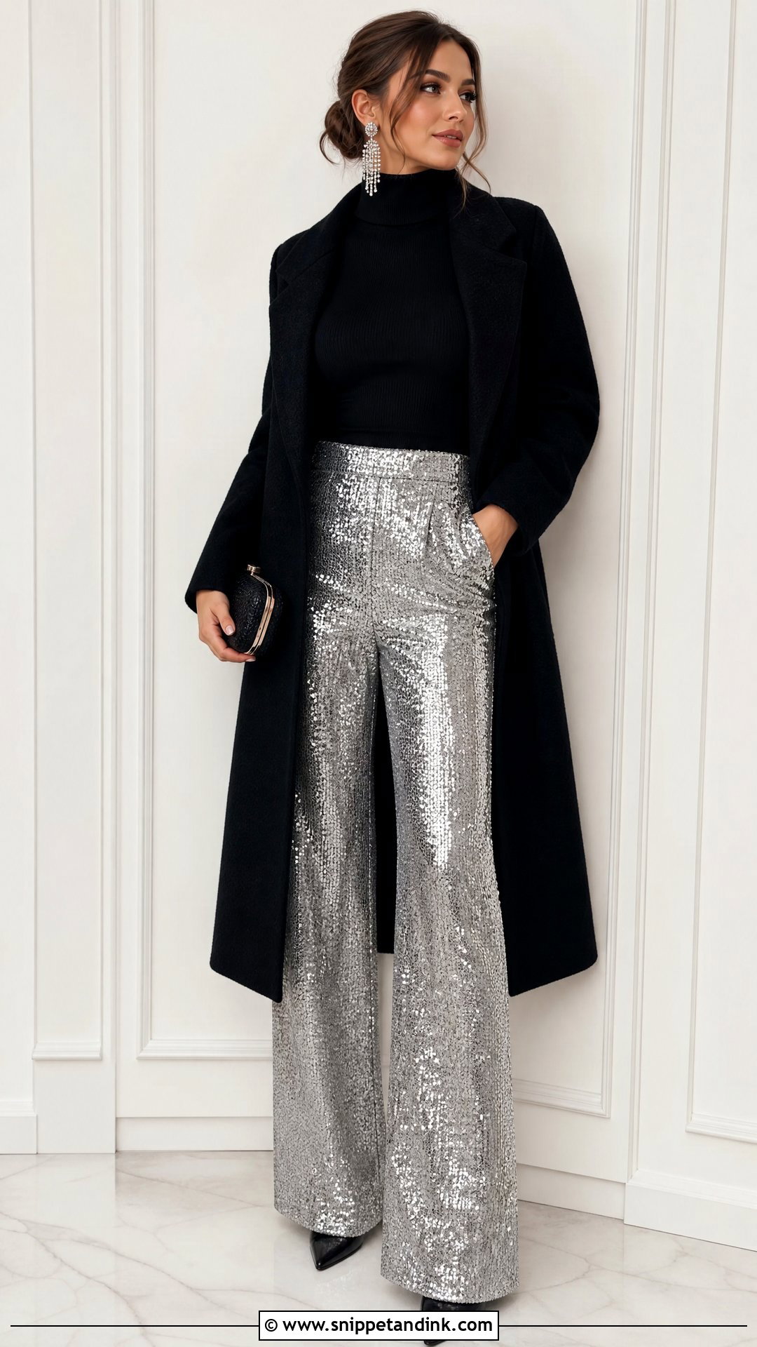 Black Turtleneck And Sequin Pants Winter Bachelorette Party Outfit - Snippet and Ink - 25 Winter Bachelorette Party Outfit Ideas