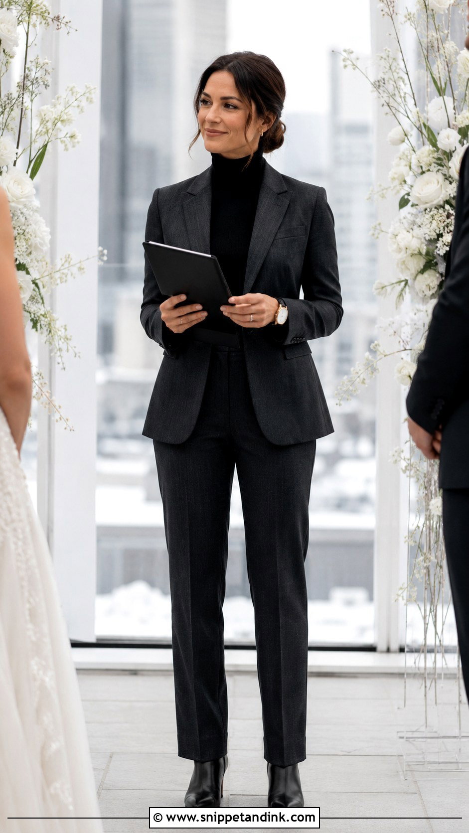 Black Turtleneck And Tailored Suit Officiant Outfit - Snippet and Ink - 20 Female Officiant Attire Wedding Ideas