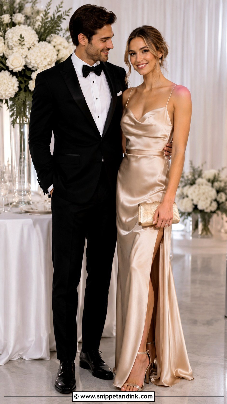 Black Tuxedo And Champagne Gown Wedding Outfit - Snippet and Ink - 25 Couple Contrast Outfits for Wedding