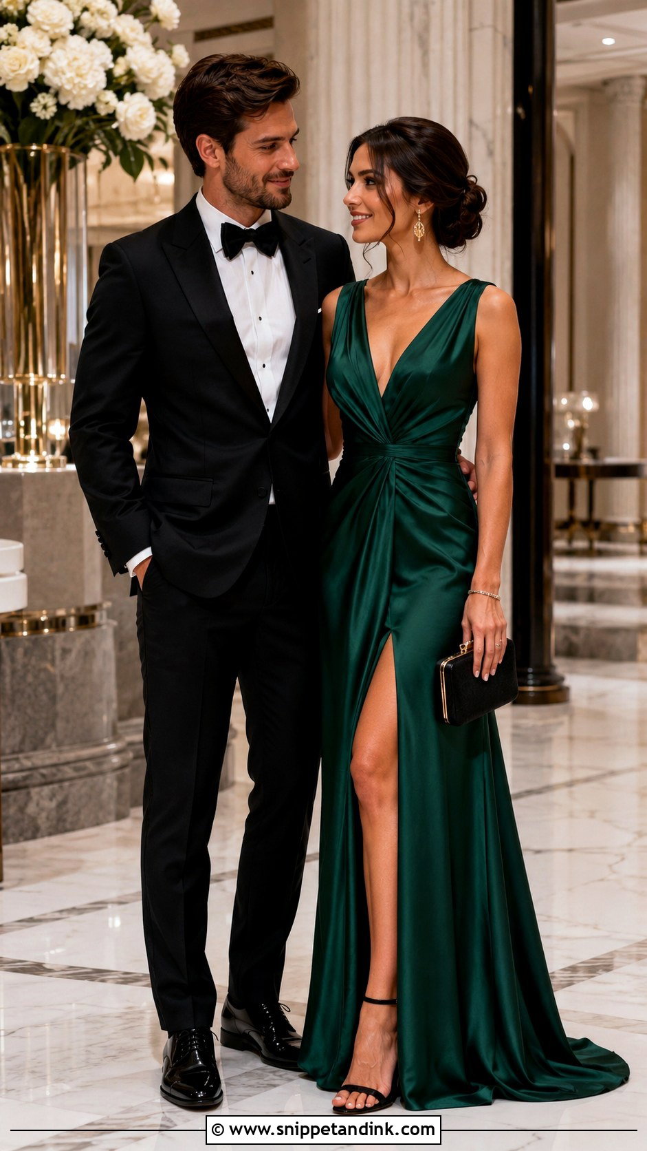 Black Tuxedo And Emerald Green Gown - Snippet and Ink - 20 Couple Suit and Dress Ideas