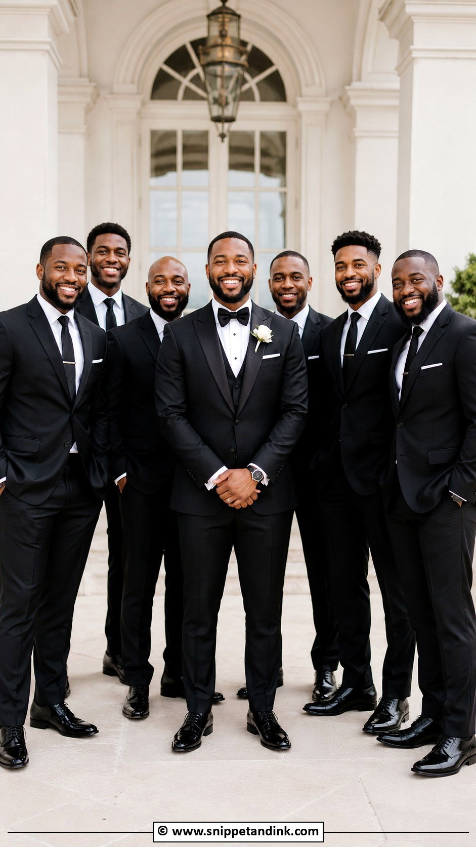 Black Tuxedo Groom With Black Suit Groomsmen Wedding - Snippet and Ink - 30 Black Tuxedo Wedding Ideas