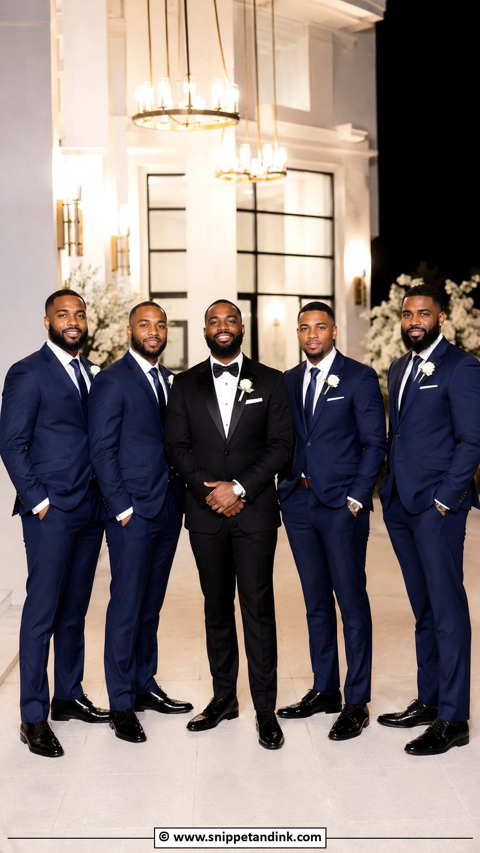 Black Tuxedo Groom With Navy Groomsmen Wedding - Snippet and Ink - 30 Black Tuxedo Wedding Ideas