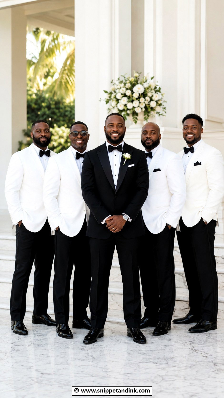Black Tuxedo Groom With White Dinner Jacket Wedding Party - Snippet and Ink - 30 Black Tuxedo Wedding Ideas