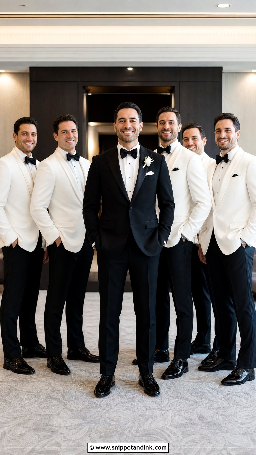 Black Tuxedo Groom With White Jacket Groomsmen - Snippet and Ink - 20 White and Black Tuxedo Wedding Ideas