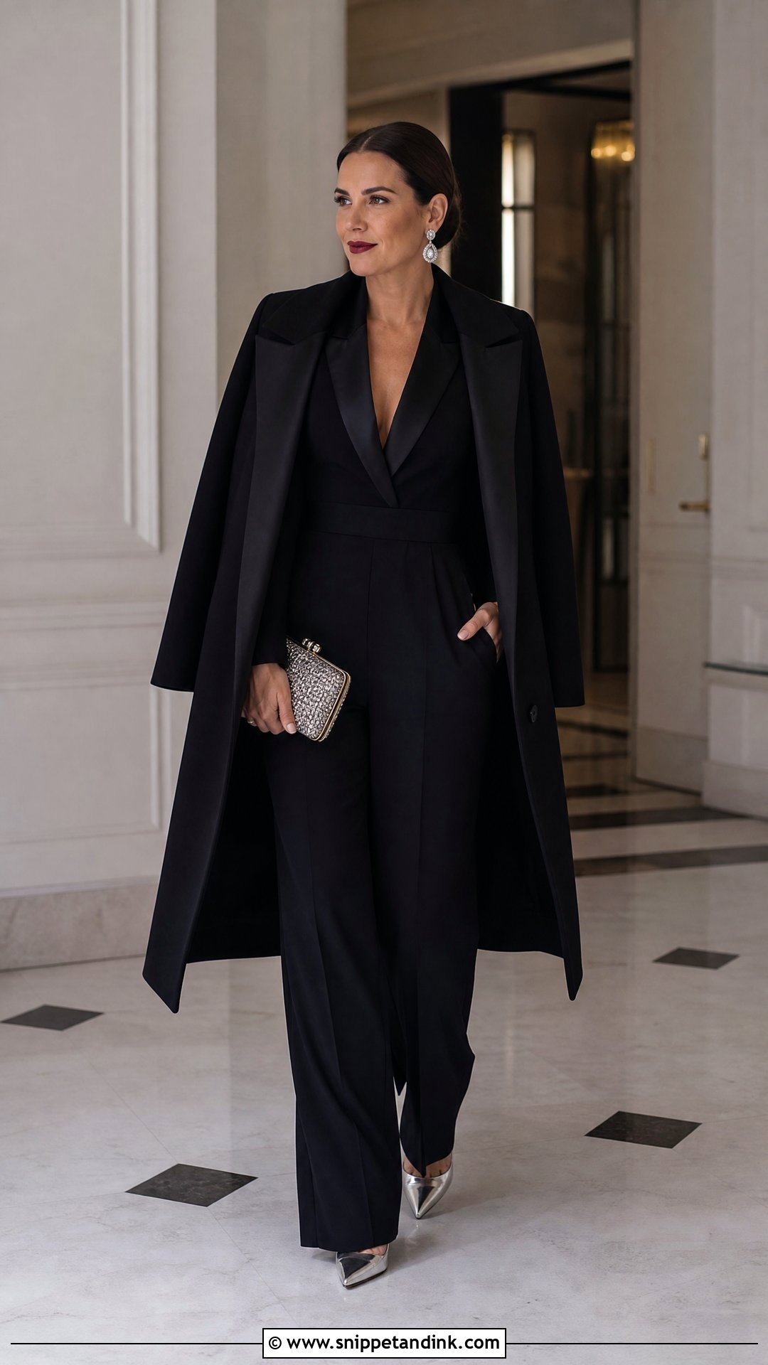 Black Tuxedo Jumpsuit Winter Wedding Outfit - Snippet and Ink - 20 Winter Outfit for Wedding Ideas