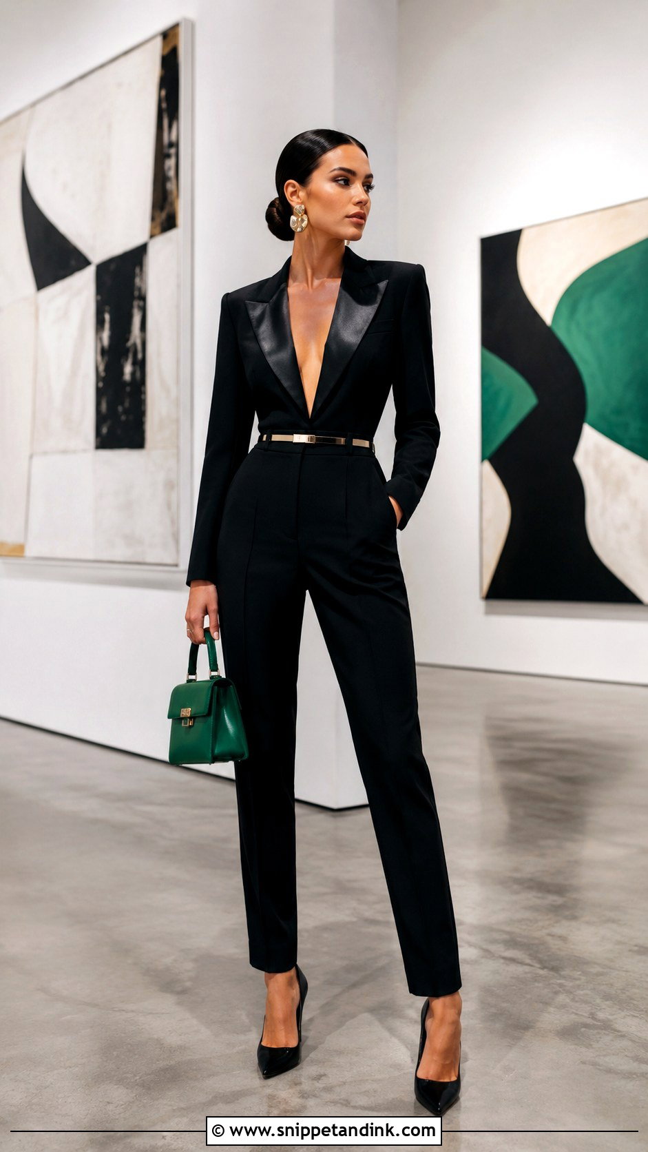 Black Tuxedo Jumpsuit With Pointed Toe Pumps - Snippet and Ink - 20 Black Jumpsuit Wedding Ideas