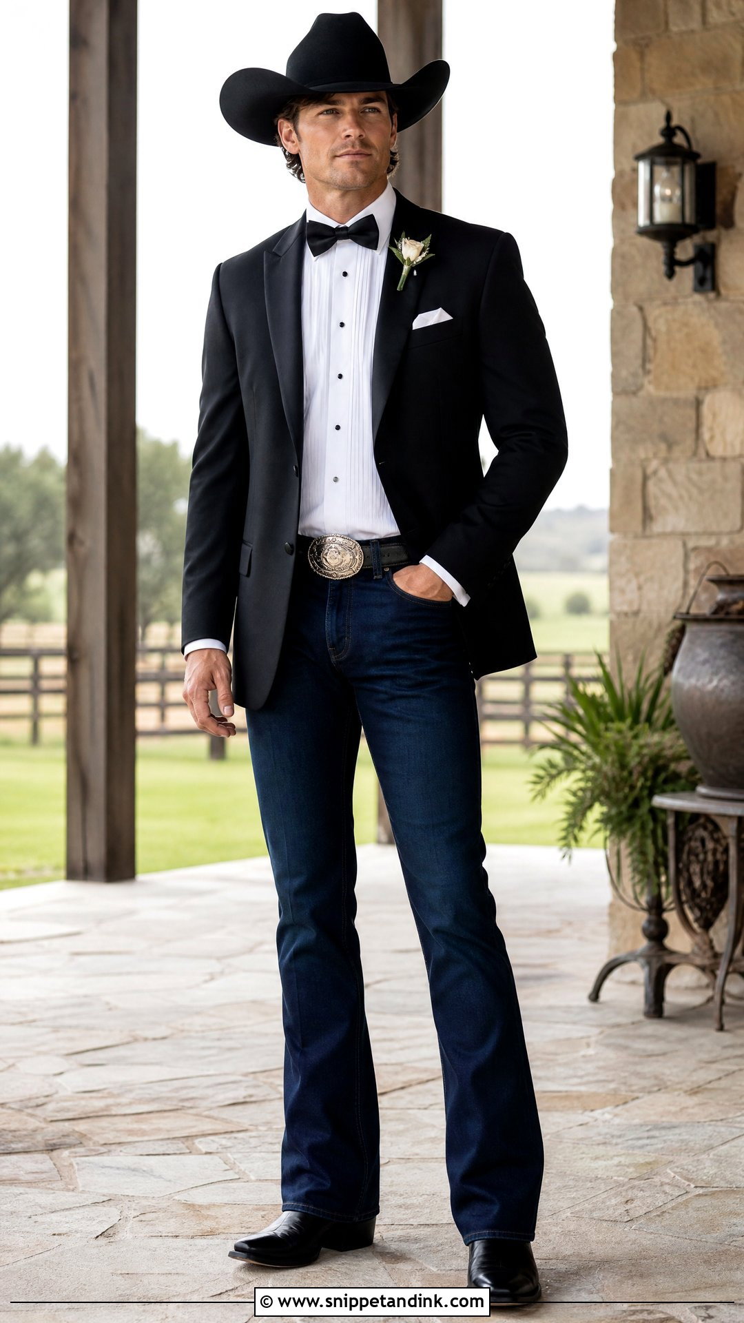 Black Tuxedo Western Wedding Suit With Dark Jeans - Snippet and Ink - 20 Western Wedding Suit Ideas