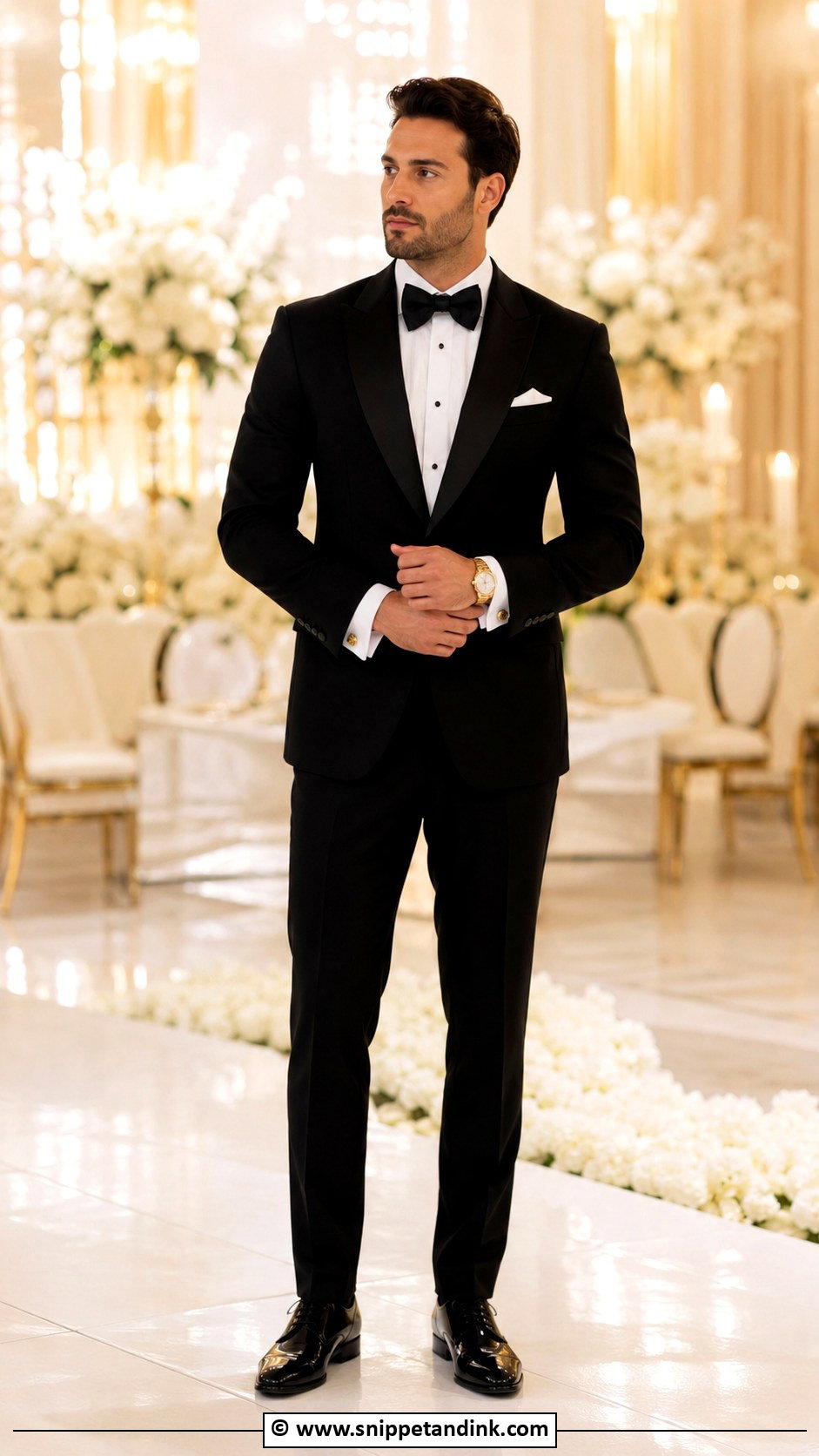 Black Tuxedo With Gold Accessories Wedding - Snippet and Ink - 30 Black Tuxedo Wedding Ideas