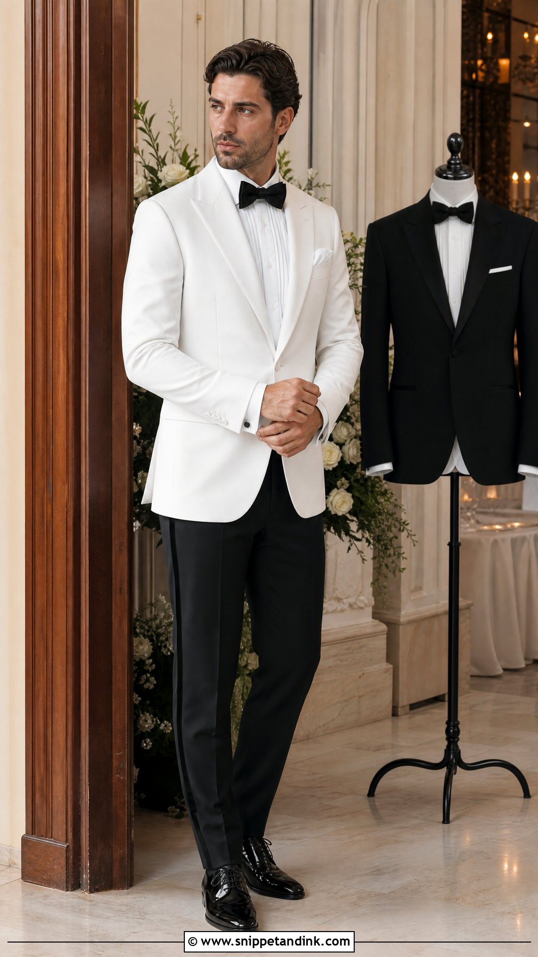 Black Tuxedo With White Dinner Jacket Reception Change - Snippet and Ink - 20 White and Black Tuxedo Wedding Ideas