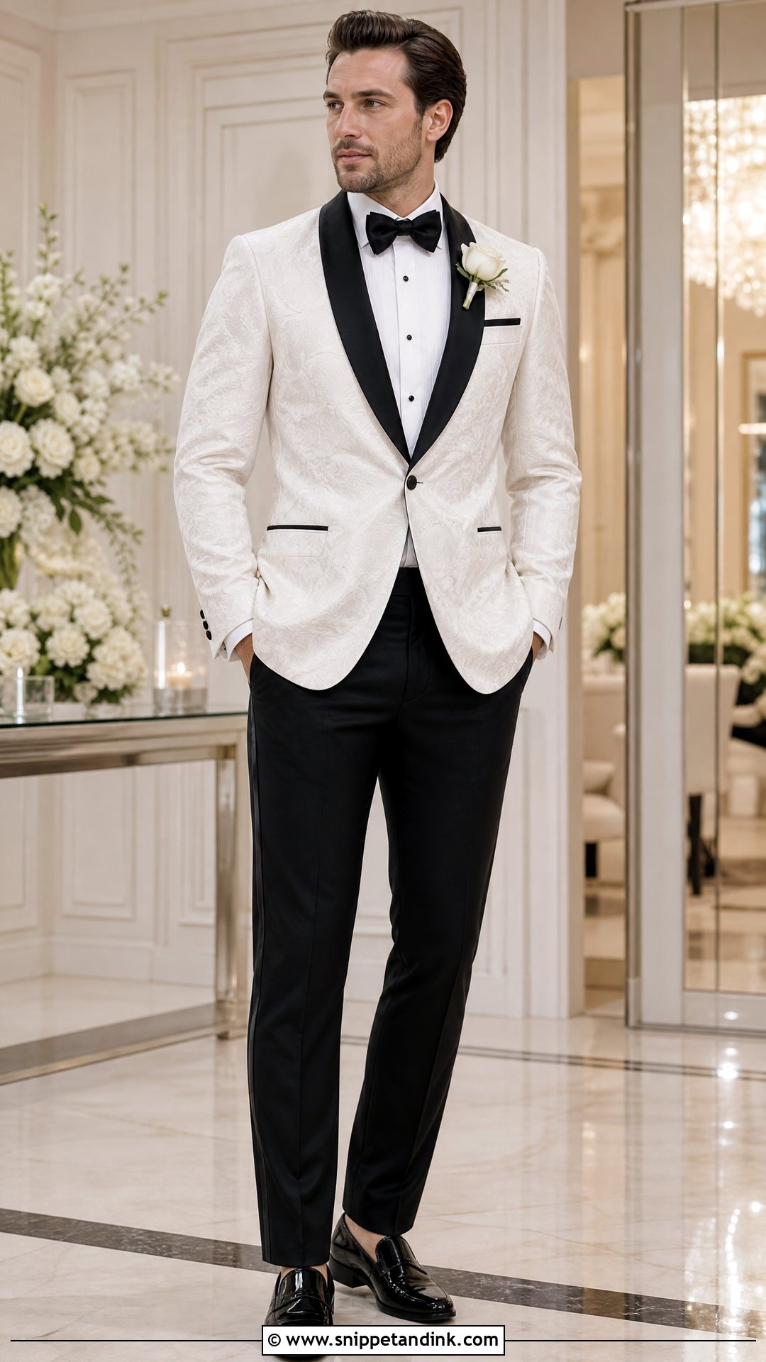 Black Tuxedo With White Floral Jacquard Jacket - Snippet and Ink - 20 White and Black Tuxedo Wedding Ideas