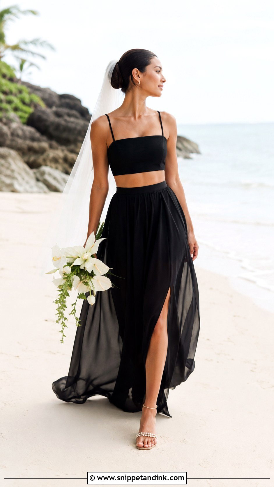 Black Two Piece Elopement Dress With Sandals - Snippet and Ink - 20 Black Elopement Dress Ideas