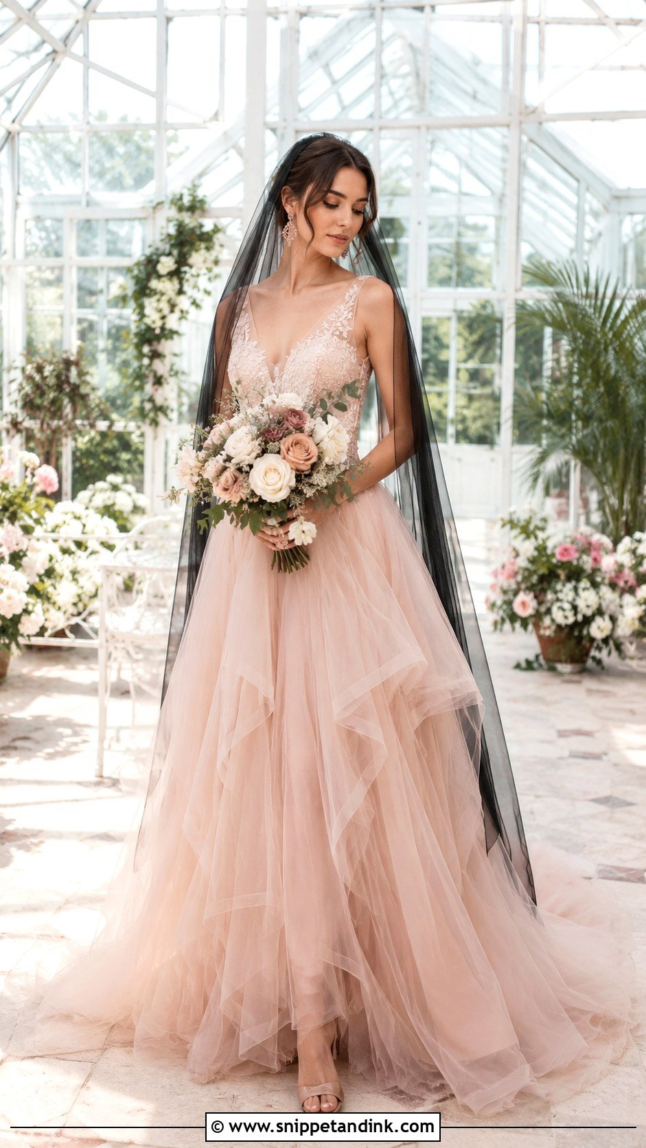 Black Veil With Blush Tulle Wedding Dress - Snippet and Ink - 20 Black Vail Bride Ideas