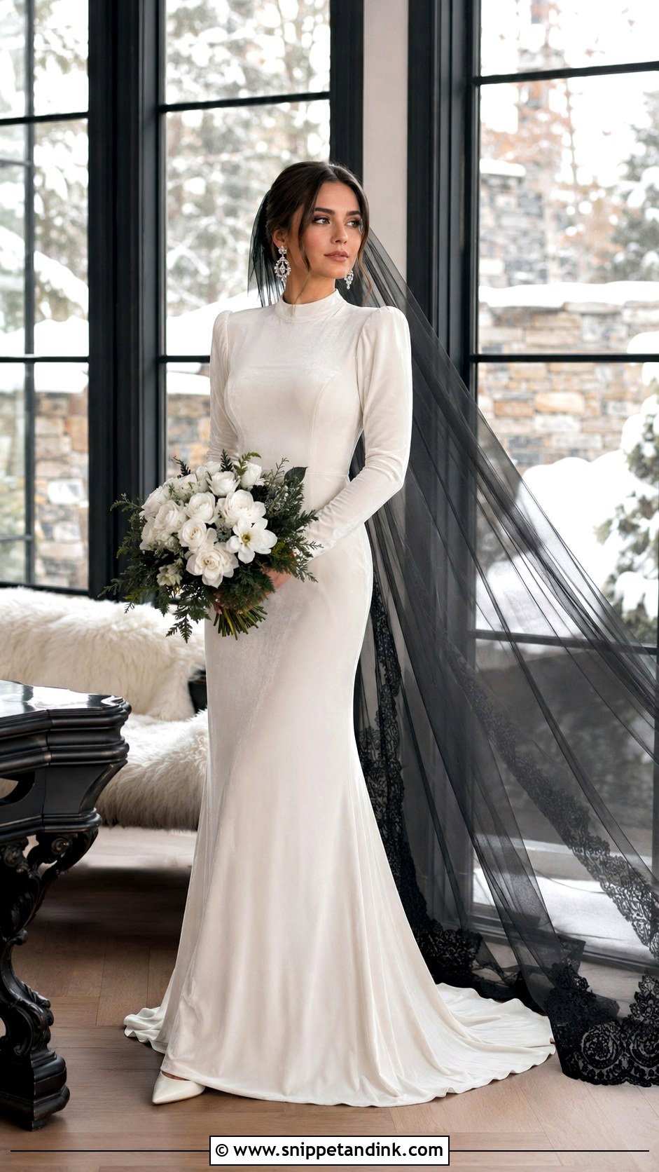 Black Veil With Velvet Winter Wedding Dress - Snippet and Ink - 20 Black Vail Bride Ideas
