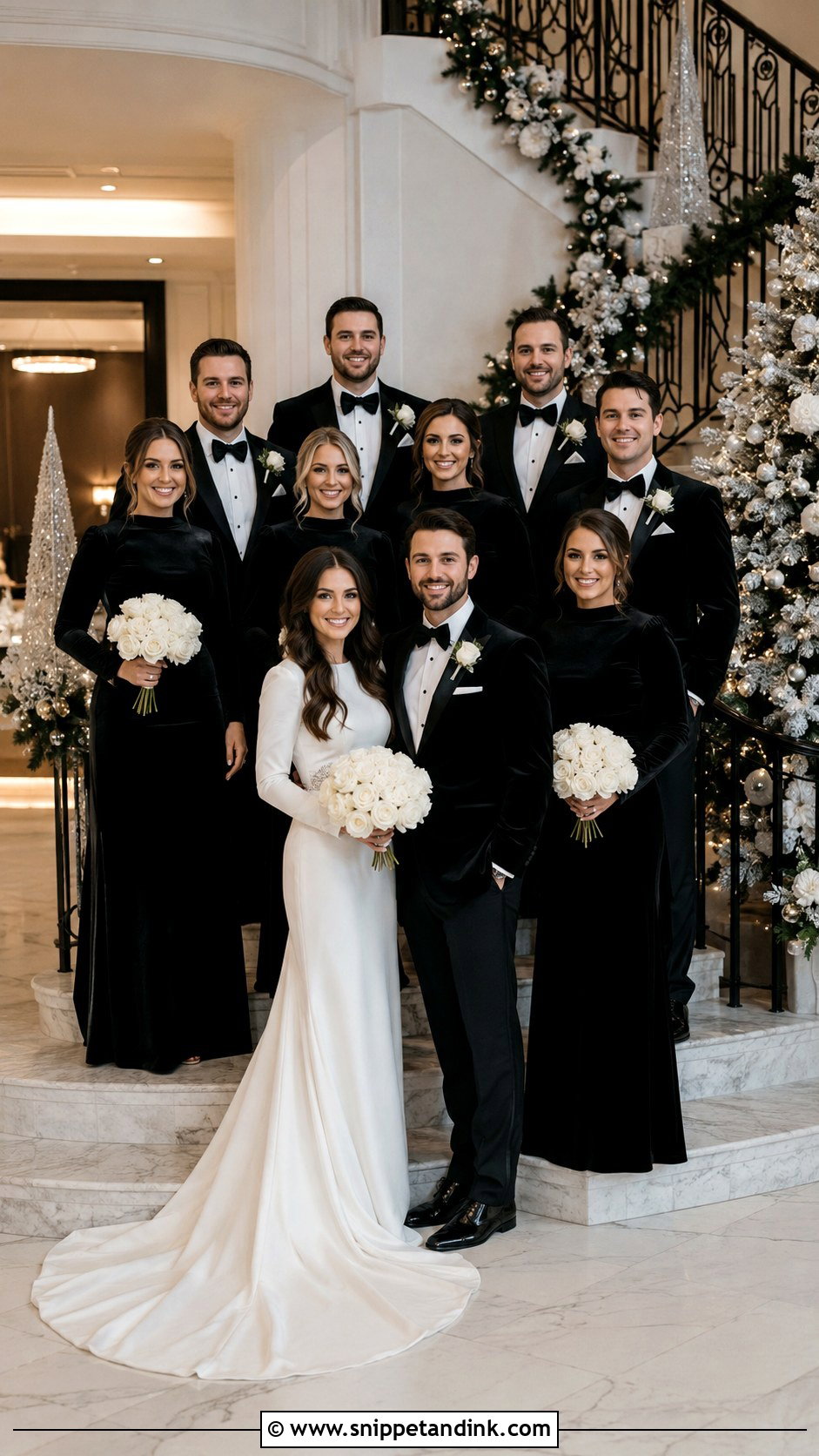 Black Velvet Bridesmaid Dresses And Formal Tuxedos - Snippet and Ink - 20 Black and White Wedding Party Attire Ideas