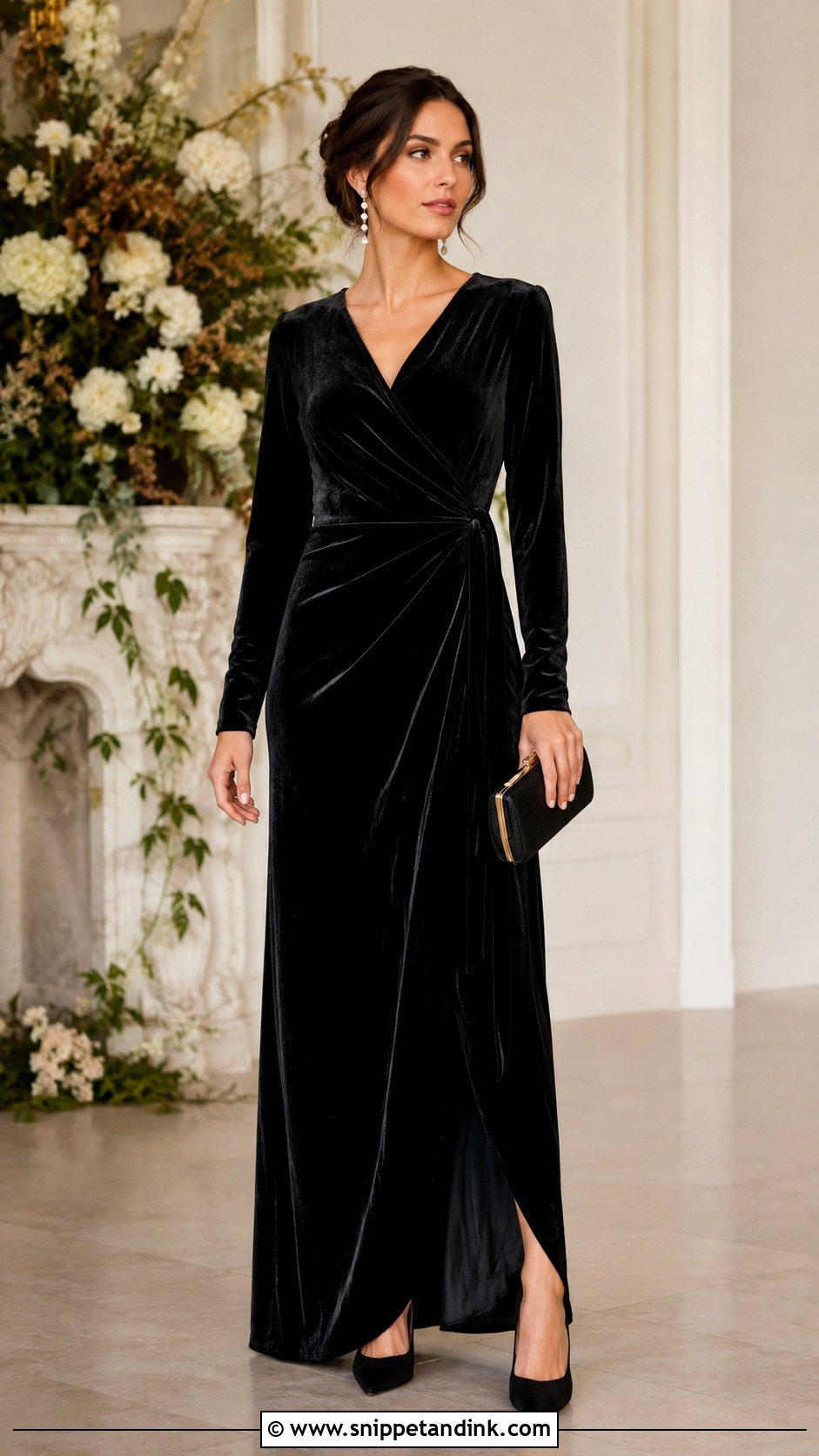Black Velvet Bridesmaid Gown Outfit - Snippet and Ink - 25 All Black Wedding Party Attire Ideas