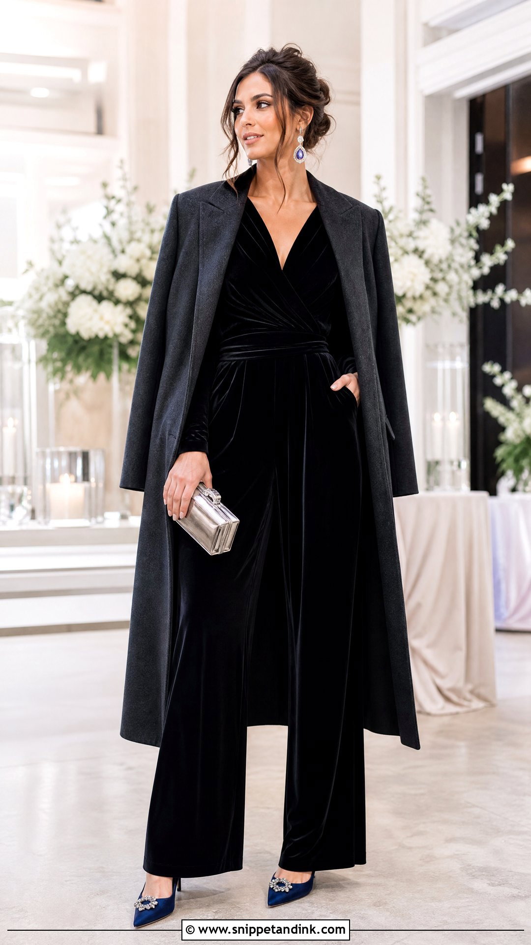 Black Velvet Jumpsuit Winter Wedding Outfit - Snippet and Ink - 20 Semi Formal Winter Wedding Attire Ideas