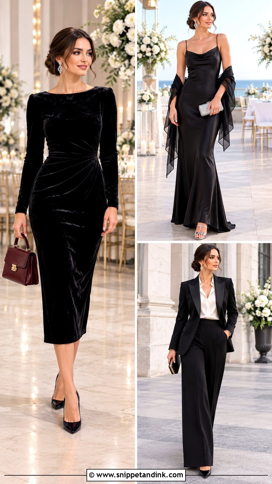 Black Velvet Long Sleeve Dress Outfit - Snippet and Ink - 20 Black Wedding Party Attire Ideas