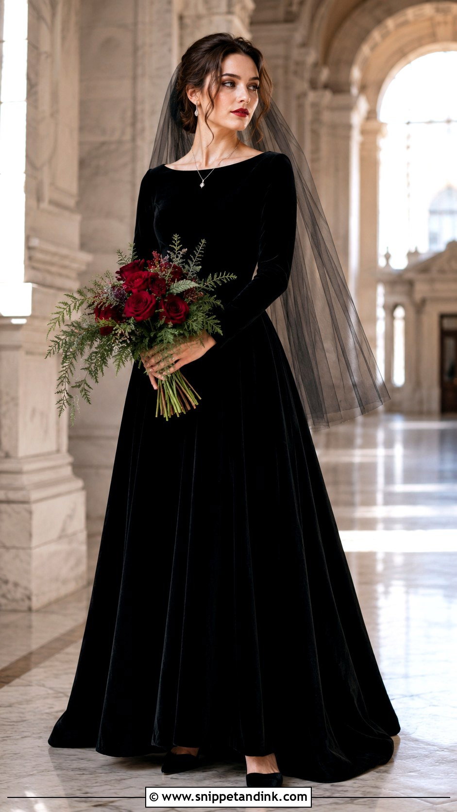 Black Velvet Long Sleeve Wedding Dress - Snippet and Ink - 20 Moody Wedding Dress Ideas