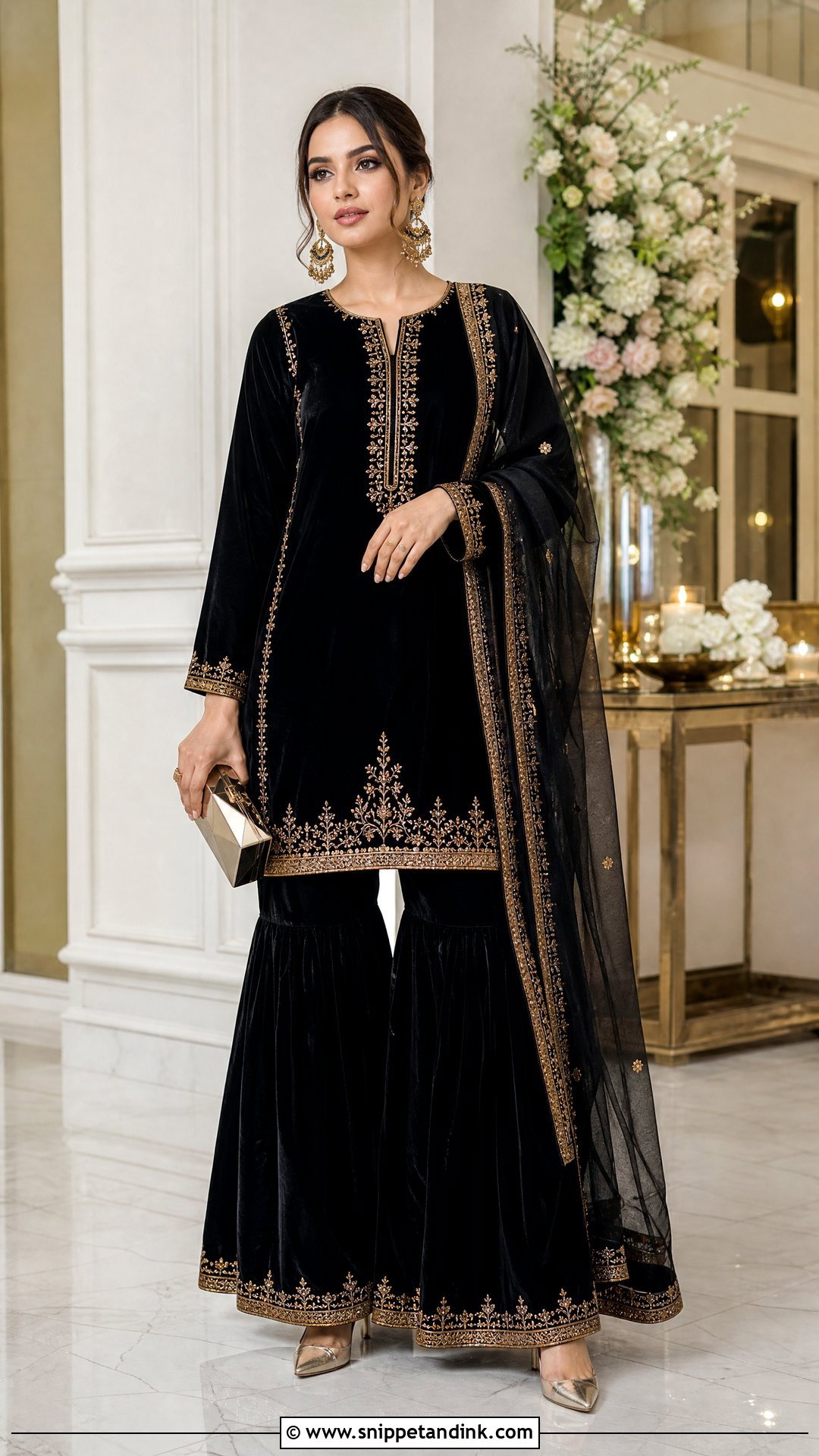 Black Velvet Sharara With Gold Kurta - Snippet and Ink - 20 Stylish Sharara Designs for Wedding
