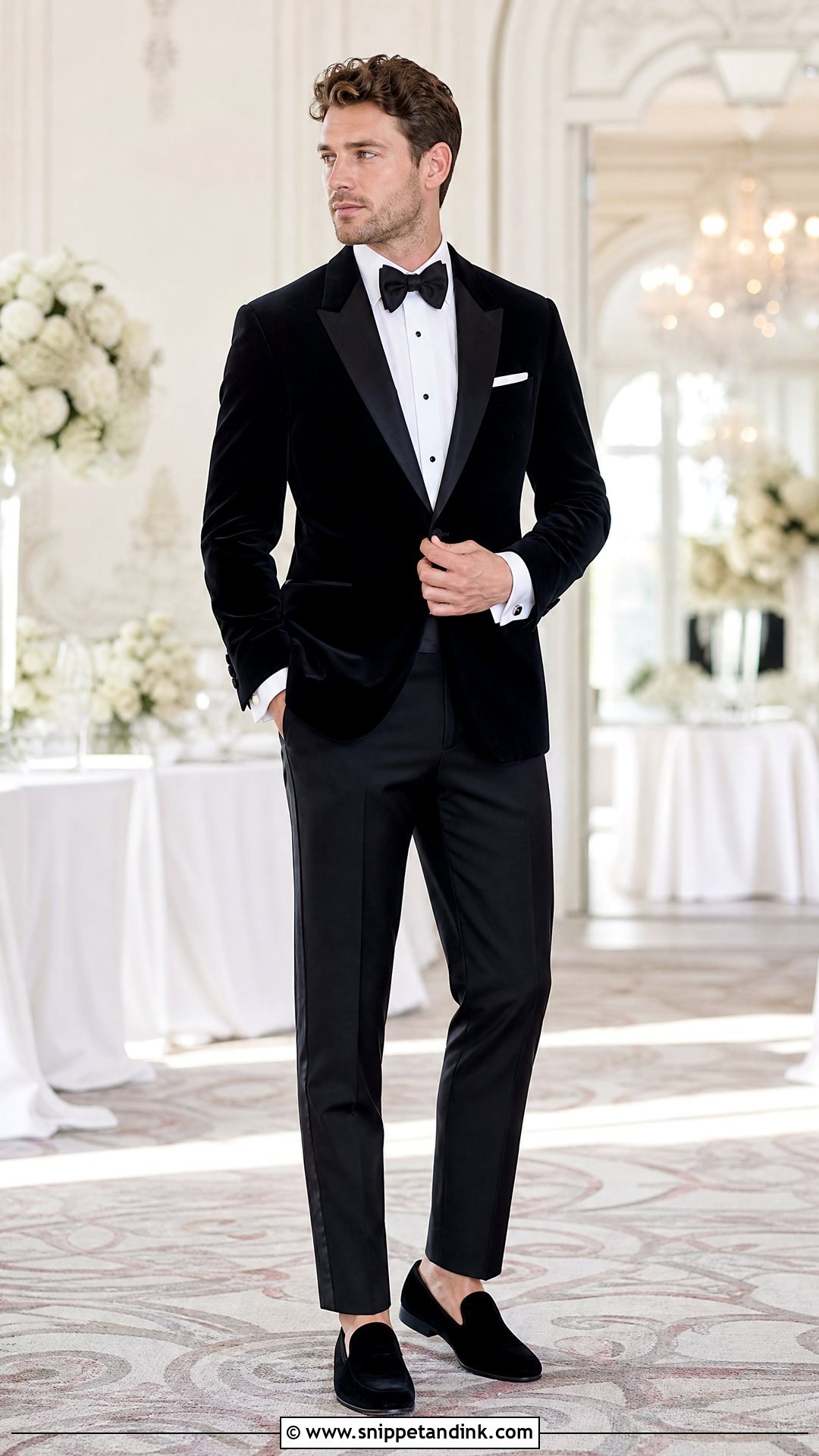 Black Velvet Tuxedo With White Shirt - Snippet and Ink - 20 White and Black Tuxedo Wedding Ideas