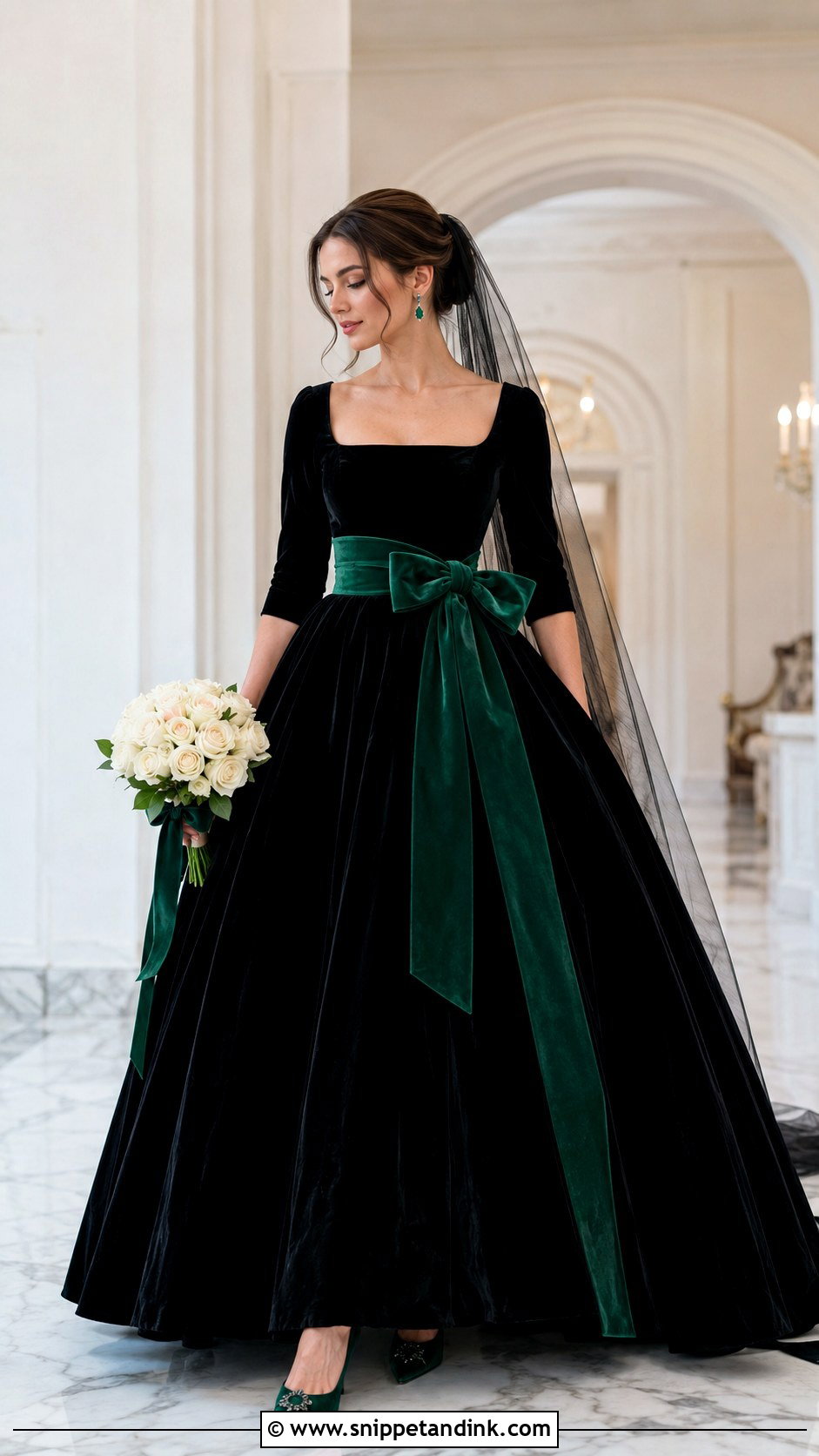 Black Velvet Wedding Dress With Green Sash - Snippet and Ink - 20 Black and Green Wedding Dress Ideas