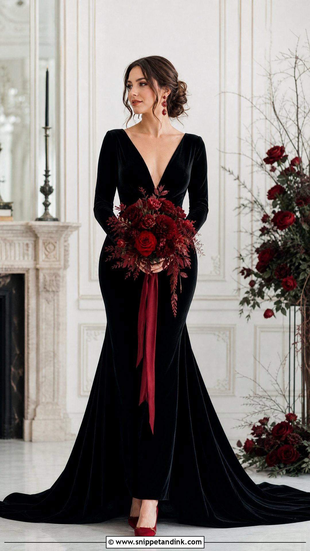 Black Velvet Wedding Dress With Red Accessories - Snippet and Ink - 25 Red and Black Wedding Dress Ideas