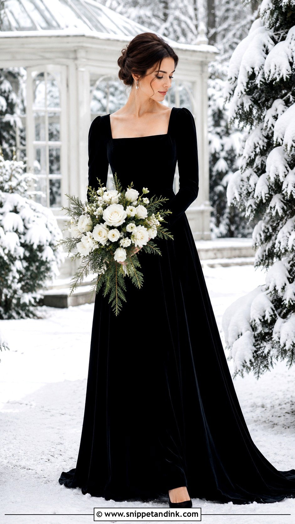 Black Velvet Wedding Dress in a Winter Garden - Snippet and Ink - 20 Black Wedding Dress Photoshoot Ideas