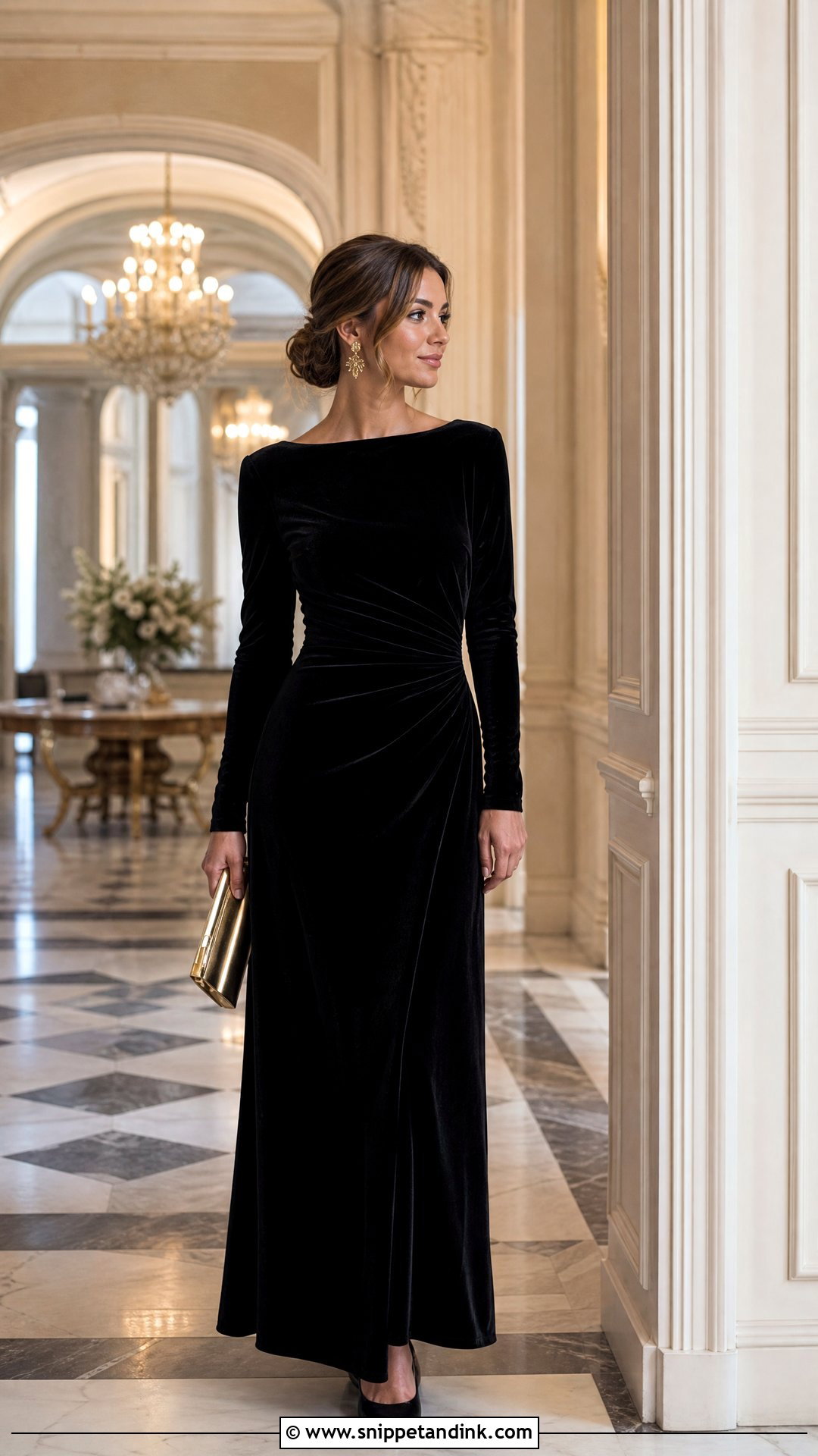 Black Velvet Wedding Party Dress With Gold Accessories - Snippet and Ink - 20 Wedding Party Black Dresses
