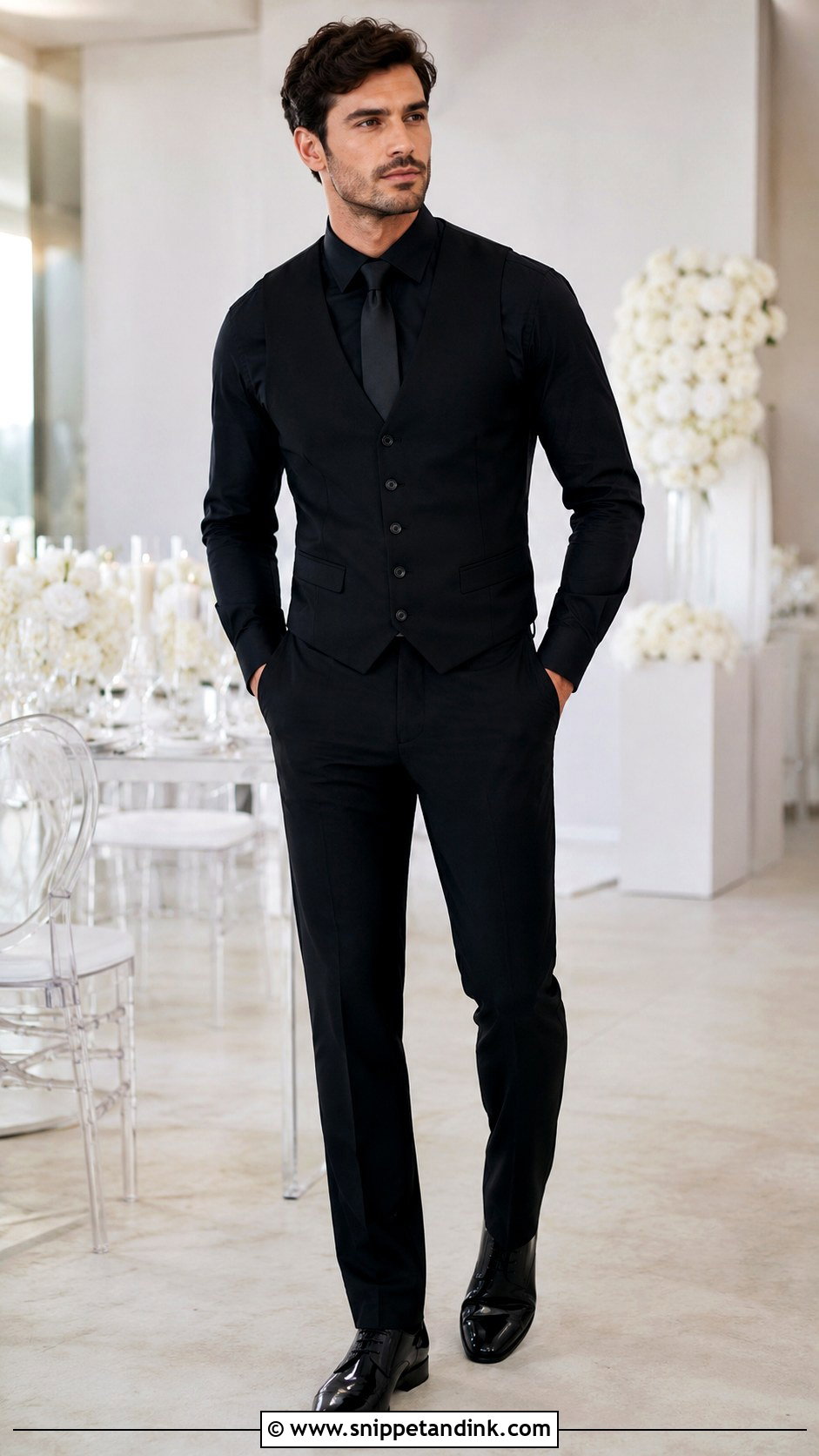 Black Vest And Trousers Wedding Party Outfit - Snippet and Ink - 25 All Black Wedding Party Attire Ideas