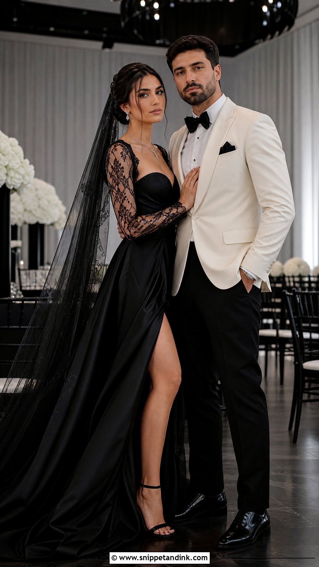 Black Wedding Dress And Ivory Tuxedo Couple - Snippet and Ink - 20 Wedding Dresses for Couple