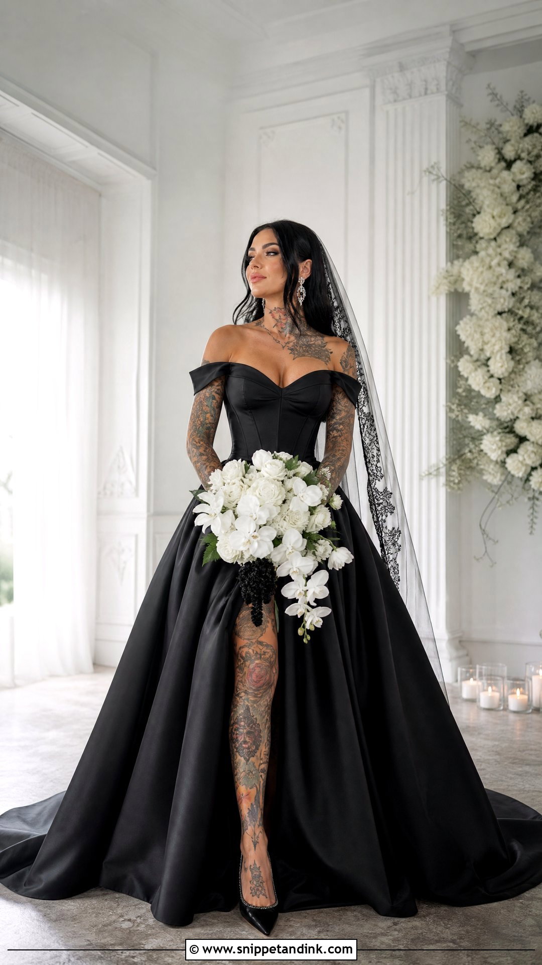 Black Wedding Dress With Colorful Tattoos - Snippet and Ink - 20 Tattoos in Wedding Dress Ideas