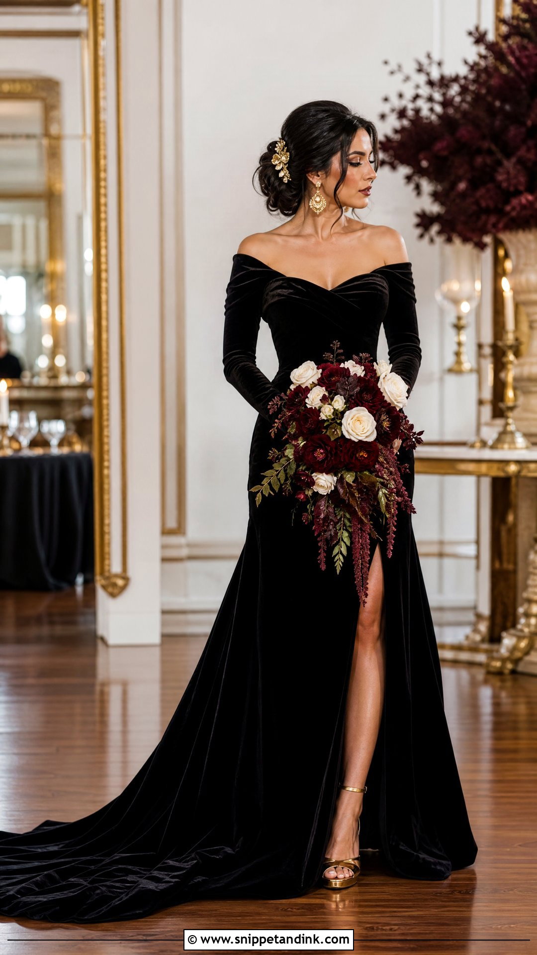 Black Wedding Dress With Gold Accessories - Snippet and Ink - 25 Dark Romantic Wedding Dress Ideas