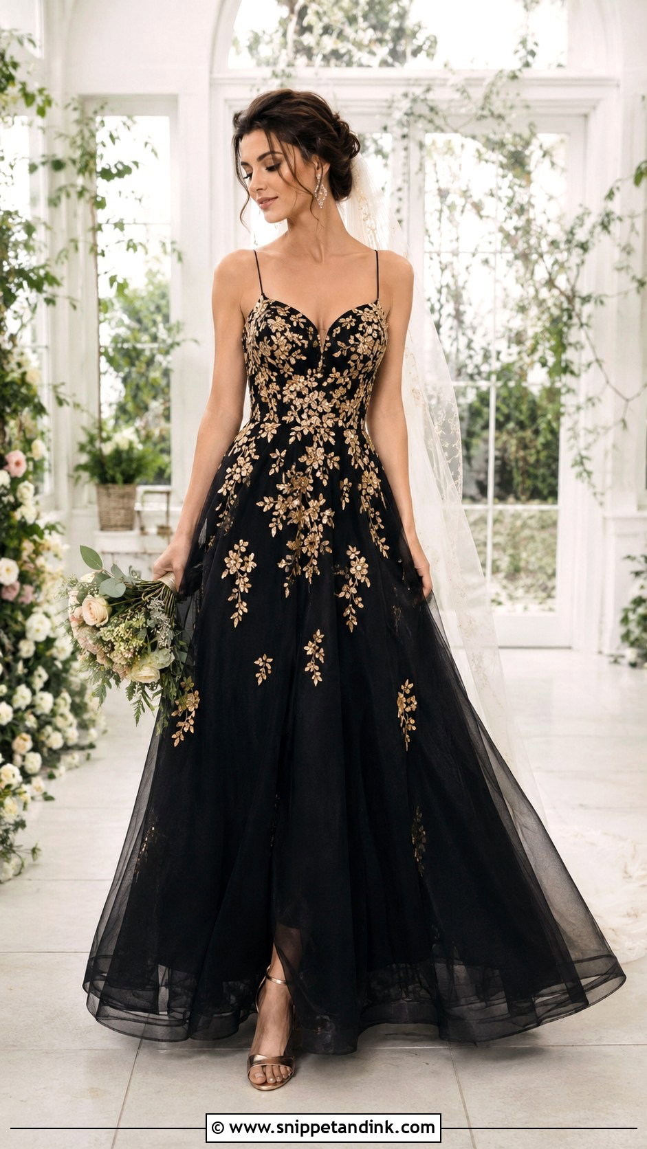 Black Wedding Dress With Gold Floral Applique - Snippet and Ink - 25 Black and Gold Wedding Dress Ideas