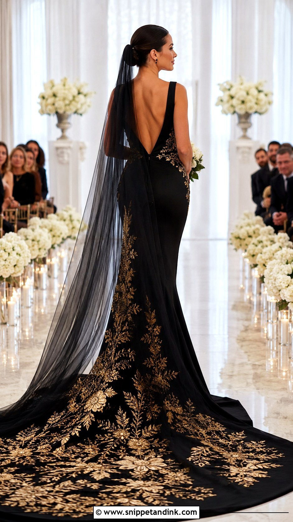 Black Wedding Dress With Gold Train - Snippet and Ink - 25 Black and Gold Wedding Dress Ideas