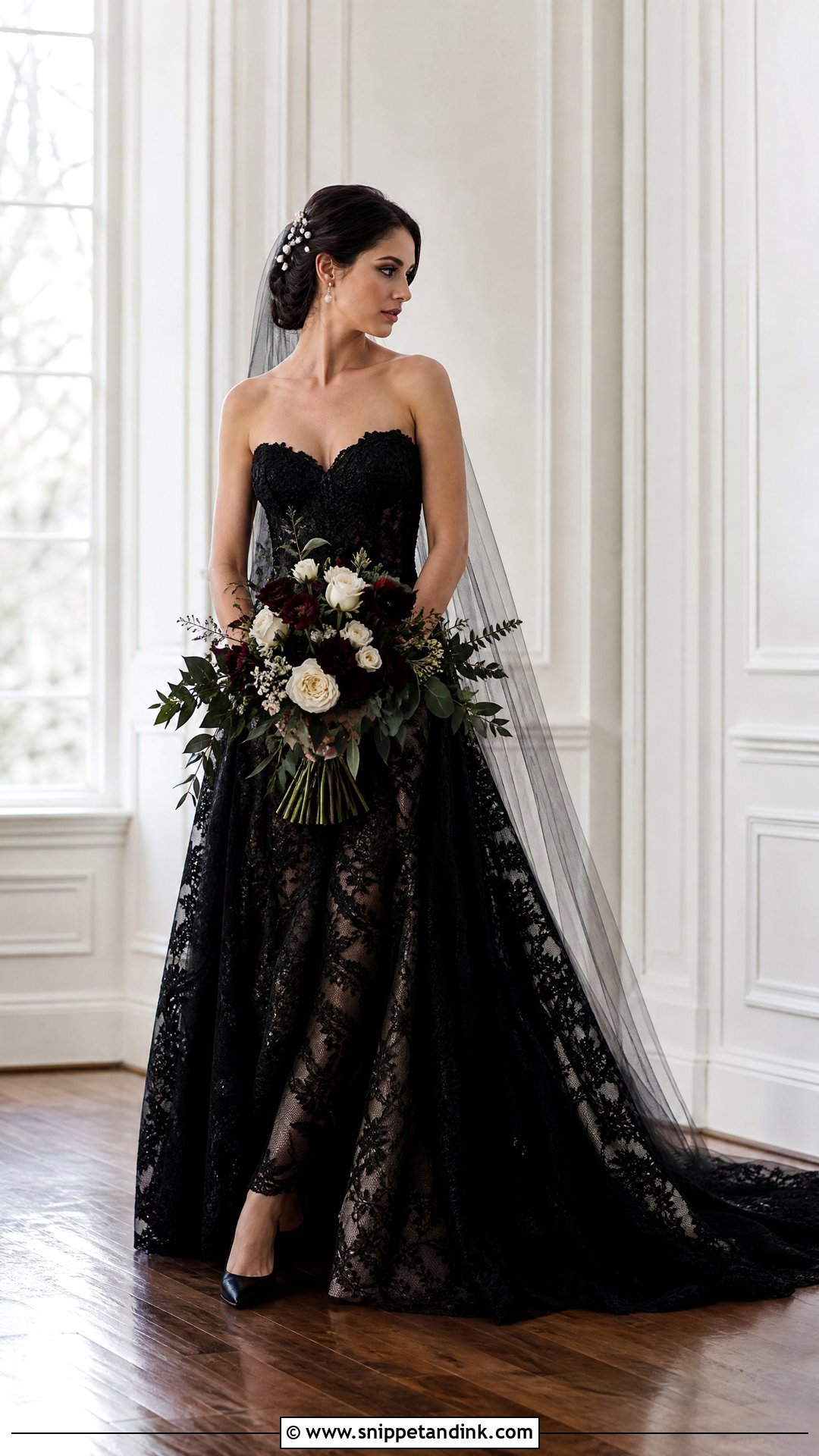 Black Wedding Dress With Pearl Accessories - Snippet and Ink - 25 Dark Romantic Wedding Dress Ideas