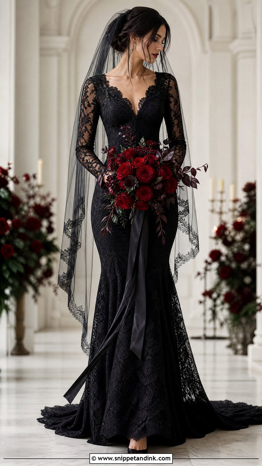 Black Wedding Dress With Red Bouquet - Snippet and Ink - 25 Dark Romantic Wedding Dress Ideas