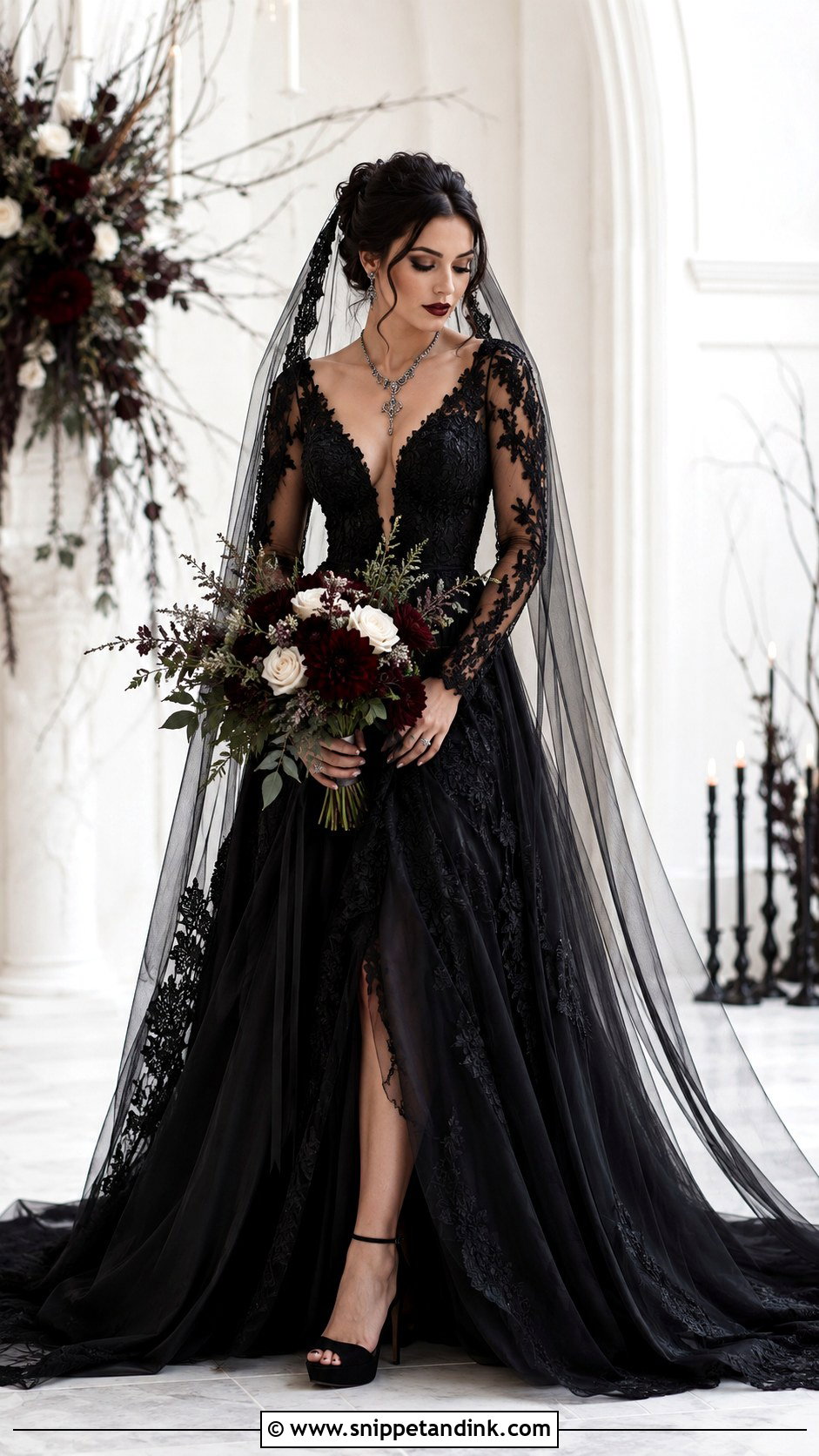 Black Wedding Dress With Sheer Sleeves - Snippet and Ink - 30 Witchy Wedding Dress Ideas