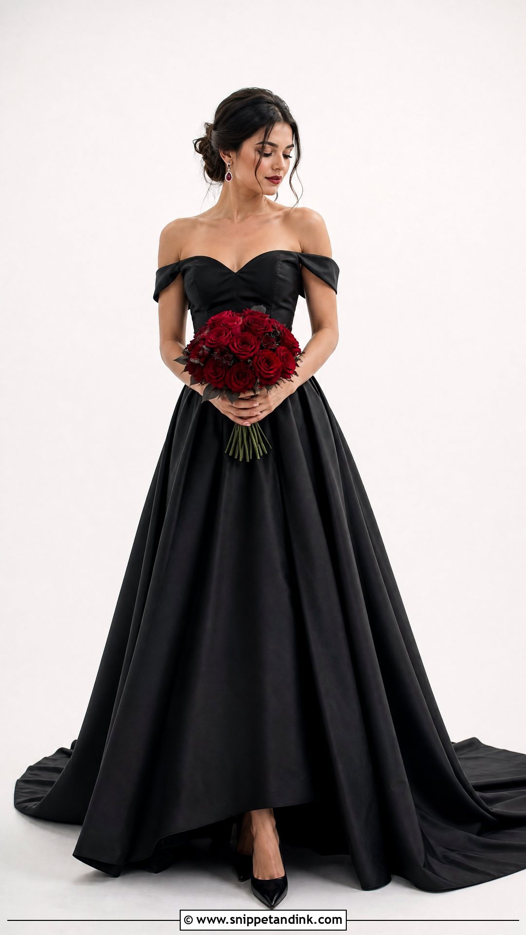 Black Wedding Dress With a Red Bouquet - Snippet and Ink - 20 Black Wedding Dress Photoshoot Ideas