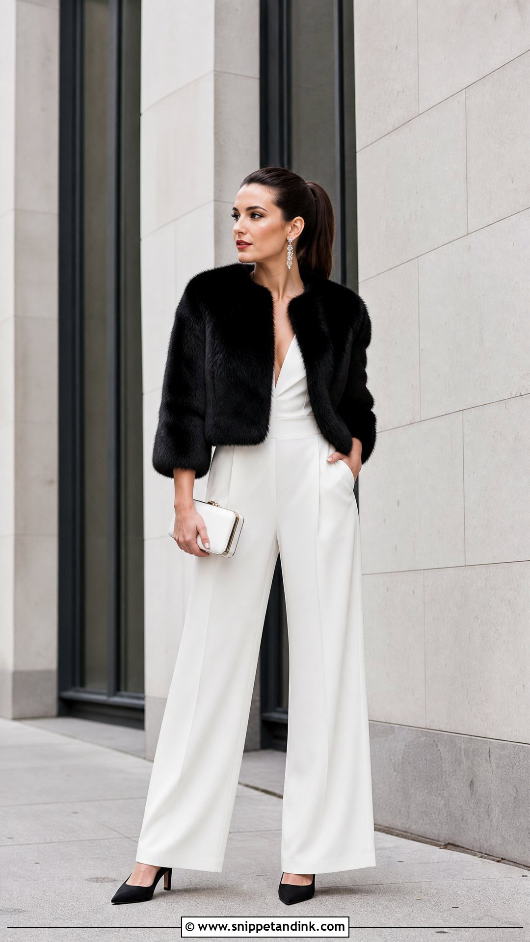 Black Wedding Fur Jacket With Bridal Jumpsuit - Snippet and Ink - 20 Wedding Fur Ideas