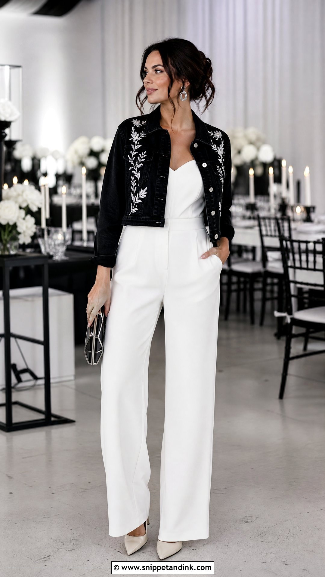Black Wedding Jean Jacket With White Jumpsuit - Snippet and Ink - 20 Wedding Jean Jacket Ideas
