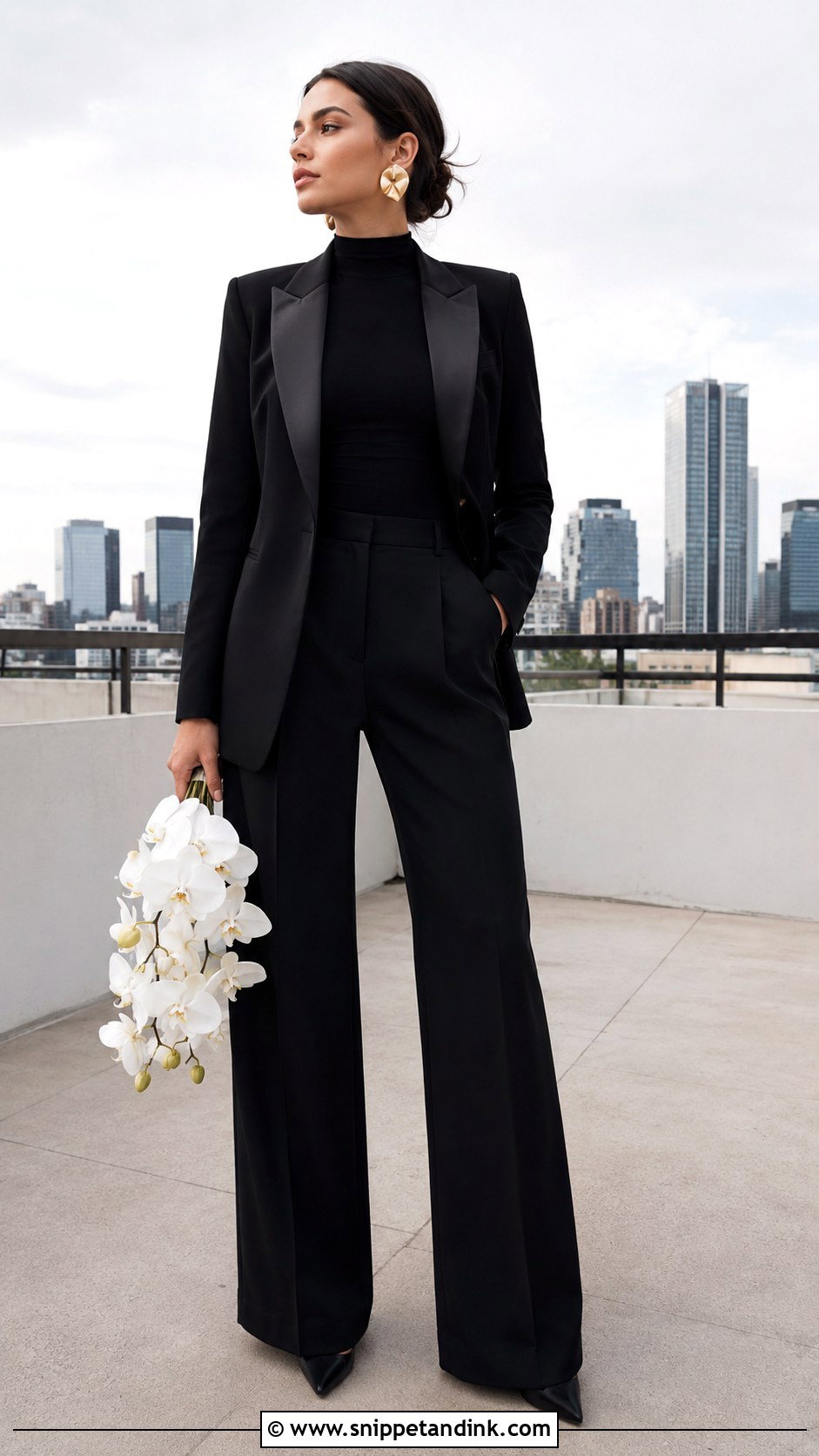 Black Wedding Pantsuit on a Rooftop - Snippet and Ink - 20 Black Wedding Dress Photoshoot Ideas