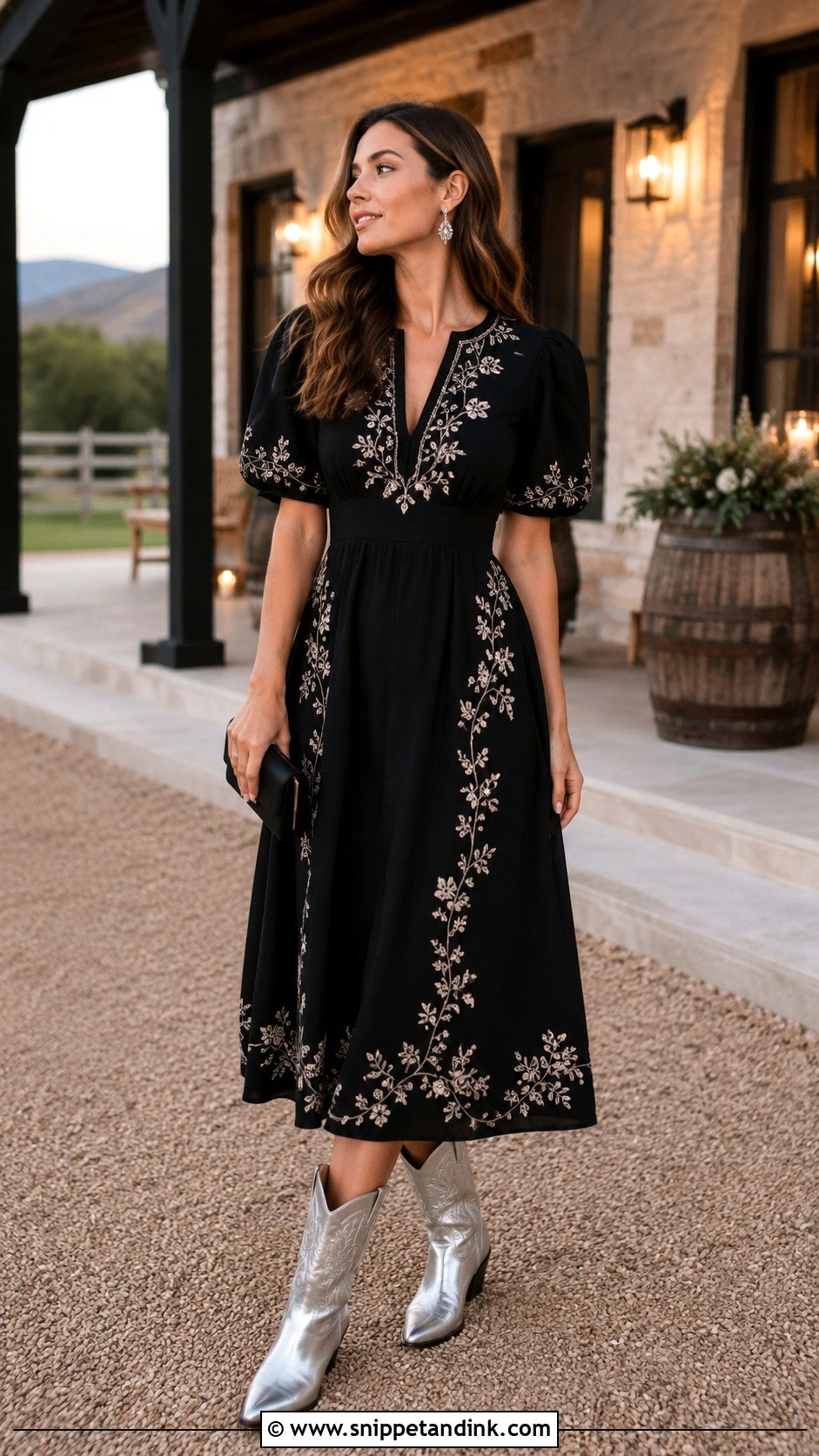 Black Western Midi Dress With Silver Boots - Snippet and Ink - 20 Western Rehearsal Dinner Outfit Ideas