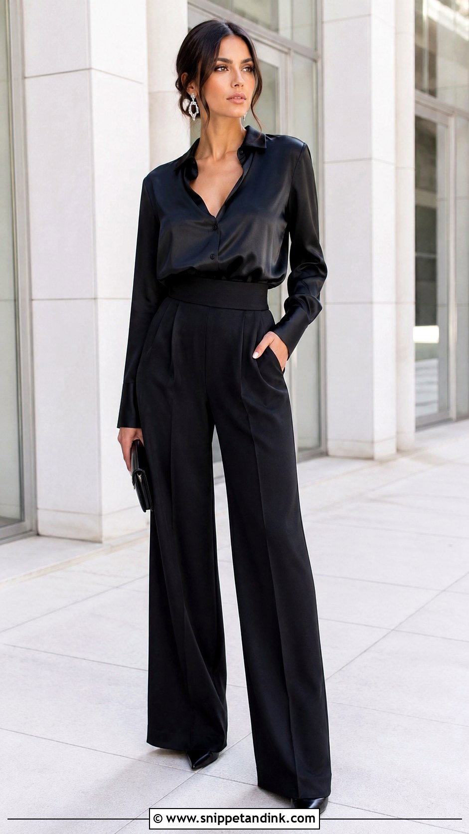 Black Wide Leg Pants Wedding Party Outfit - Snippet and Ink - 25 All Black Wedding Party Attire Ideas