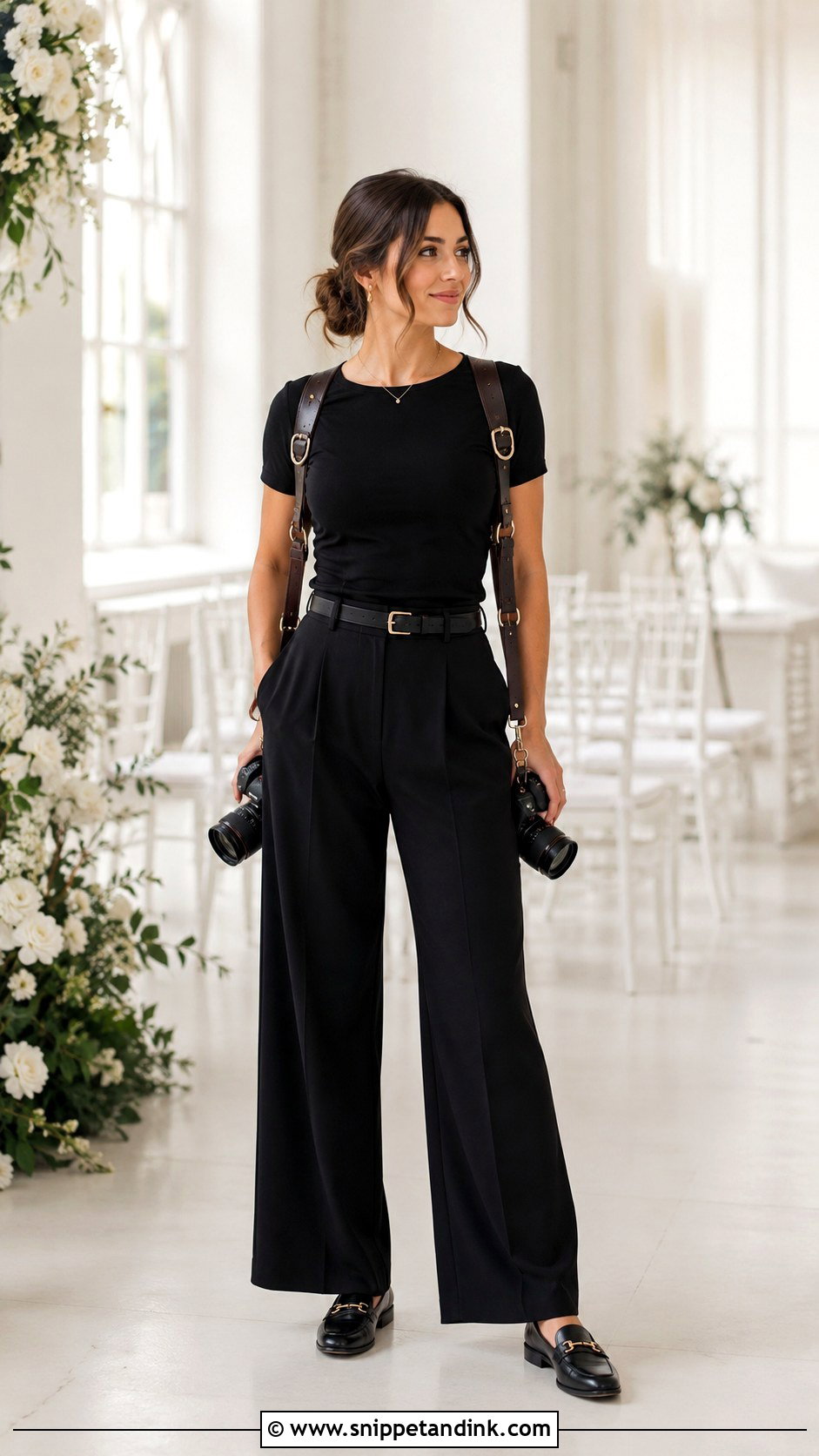 Black Wide Leg Pants Wedding Photographer Outfit - Snippet and Ink - 30 Wedding Photographer Outfit Ideas