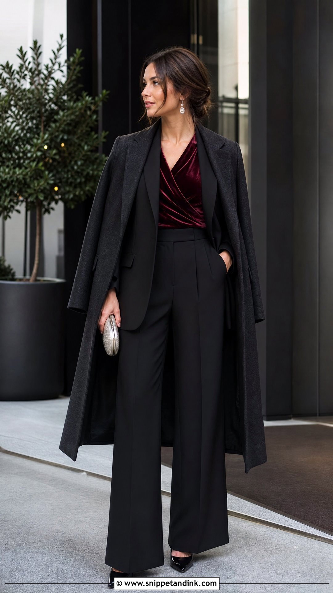 Black Wide Leg Pants Winter Wedding Outfit - Snippet and Ink - 20 Winter Outfit for Wedding Ideas